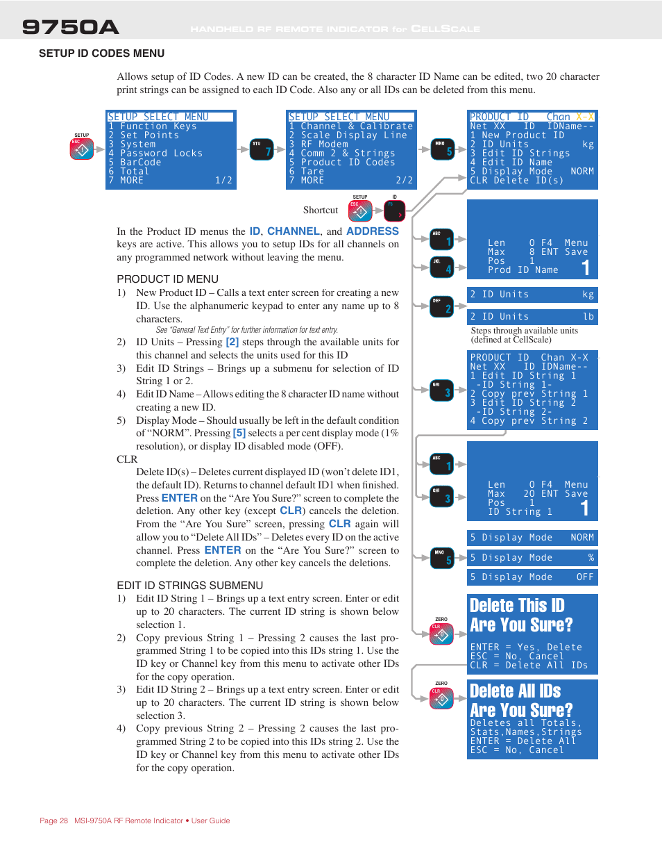 9750a, Delete this id are you sure, Delete all ids are you sure | Rice Lake MSI-9750A CellScale RF Portable Indicator User Manual | Page 28 / 95