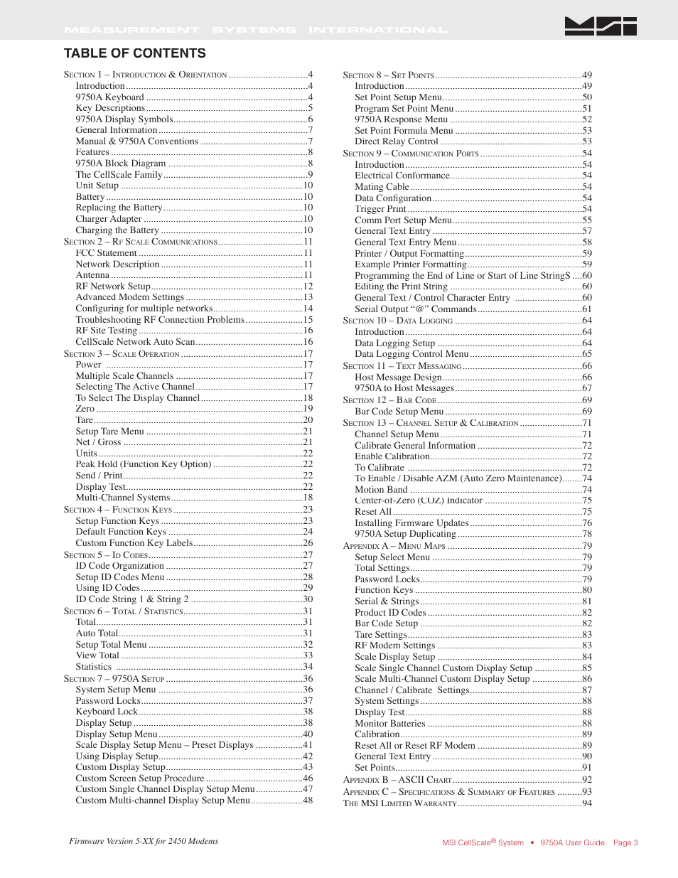 Rice Lake MSI-9750A CellScale RF Portable Indicator User Manual | Page 3 / 95