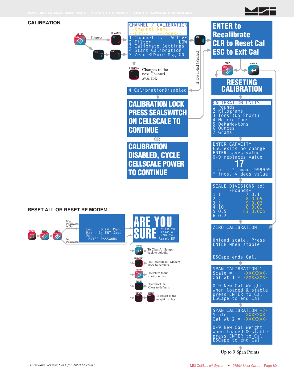 Are you sure, Reseting calibration | Rice Lake MSI-9750A CellScale RF Portable Indicator User Manual | Page 89 / 95