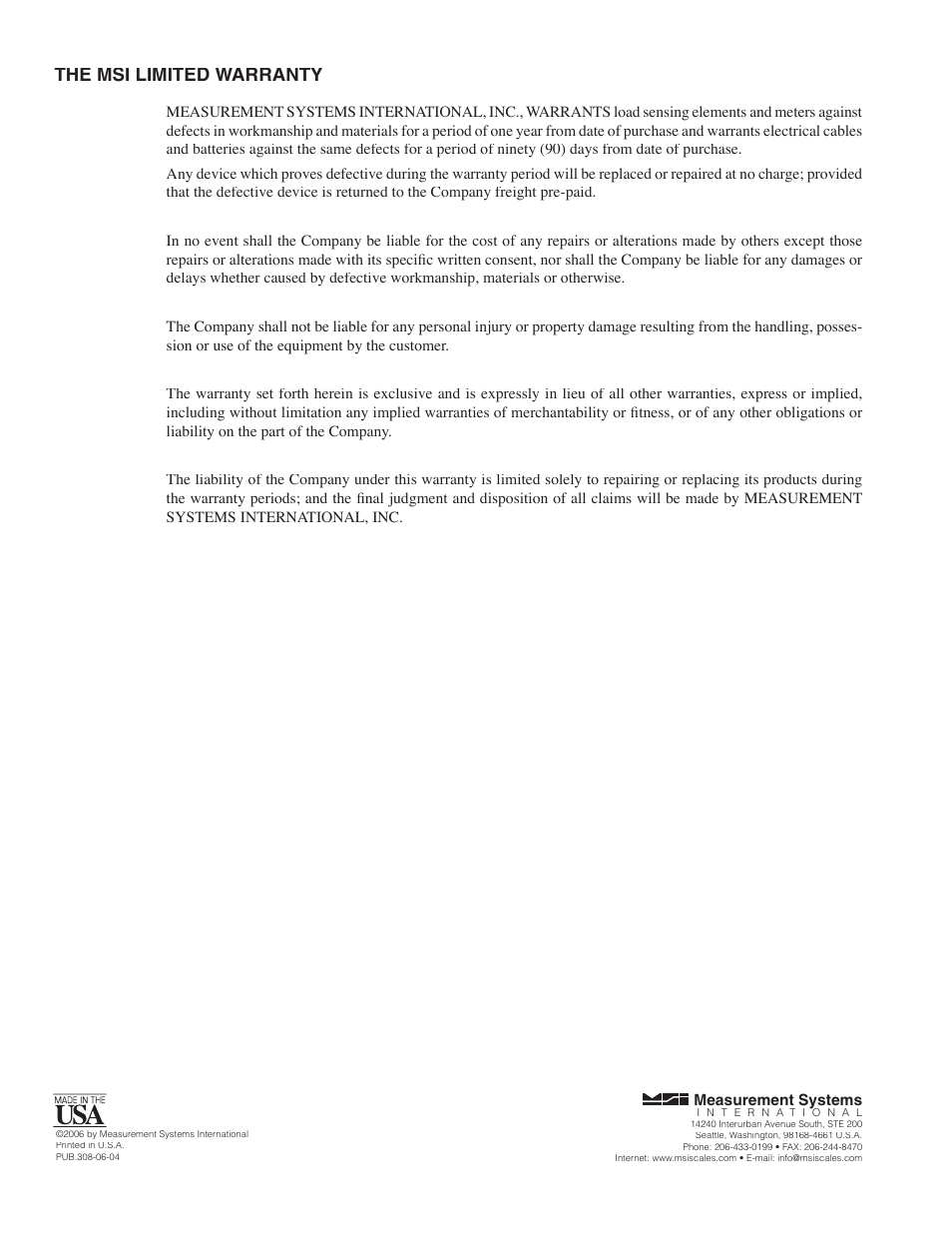 The msi limited warranty | Rice Lake MSI-9750A CellScale RF Portable Indicator User Manual | Page 94 / 95