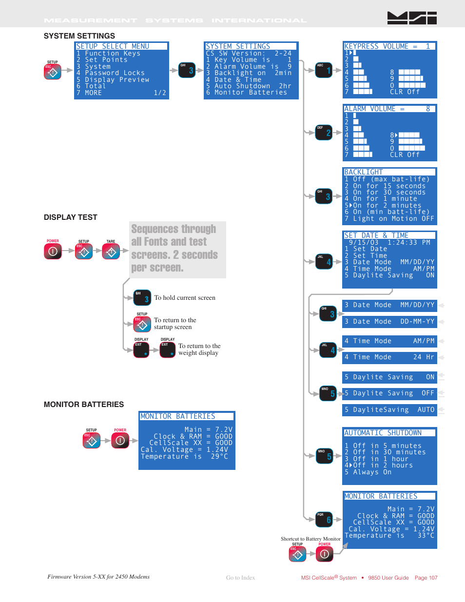 System settings, Display test, Monitor batteries | Rice Lake MSI-9850 CellScale RF Digital Indicator - Operator Manual User Manual | Page 107 / 114