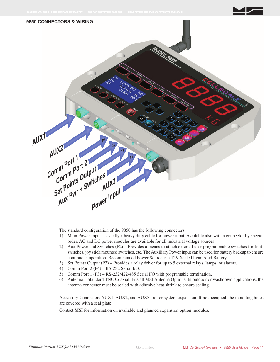 9850 connectors & wiring | Rice Lake MSI-9850 CellScale RF Digital Indicator - Operator Manual User Manual | Page 11 / 114