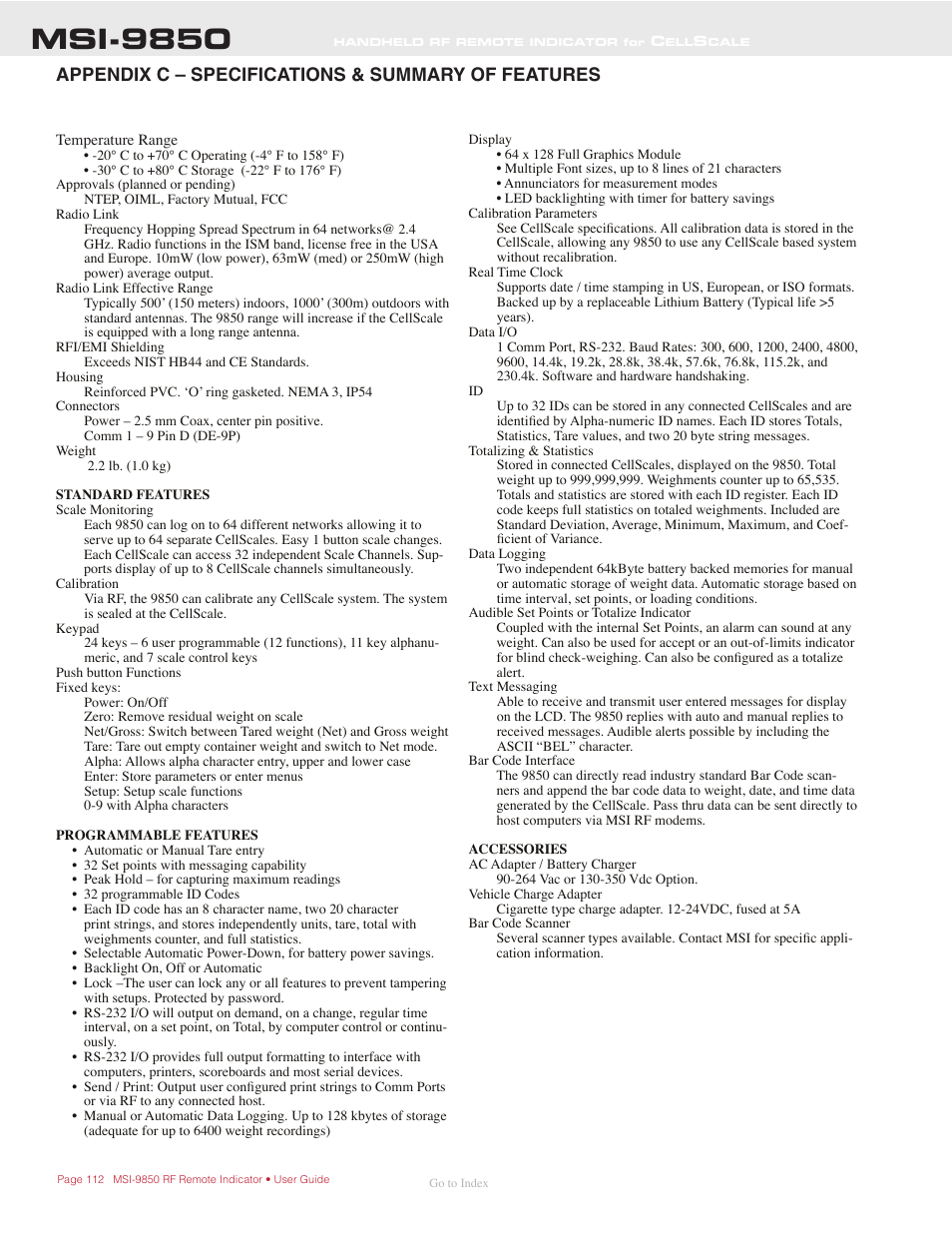 Ppendix, C – s, Pecifications | Ummary, Eatures, Msi-9850, Appendix c – specifications & summary of features | Rice Lake MSI-9850 CellScale RF Digital Indicator - Operator Manual User Manual | Page 112 / 114