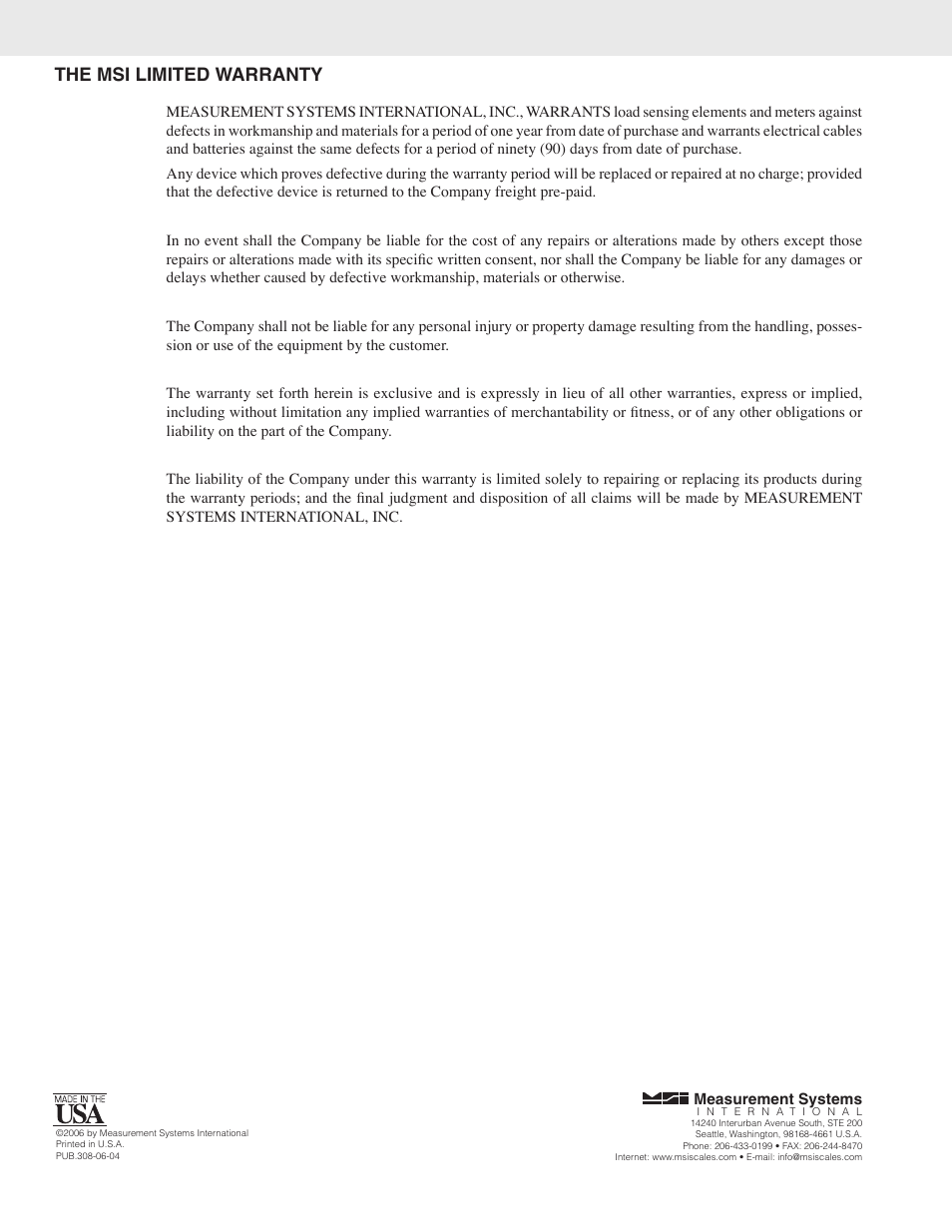 Msi l, Imited, Arranty | The msi limited warranty | Rice Lake MSI-9850 CellScale RF Digital Indicator - Operator Manual User Manual | Page 113 / 114