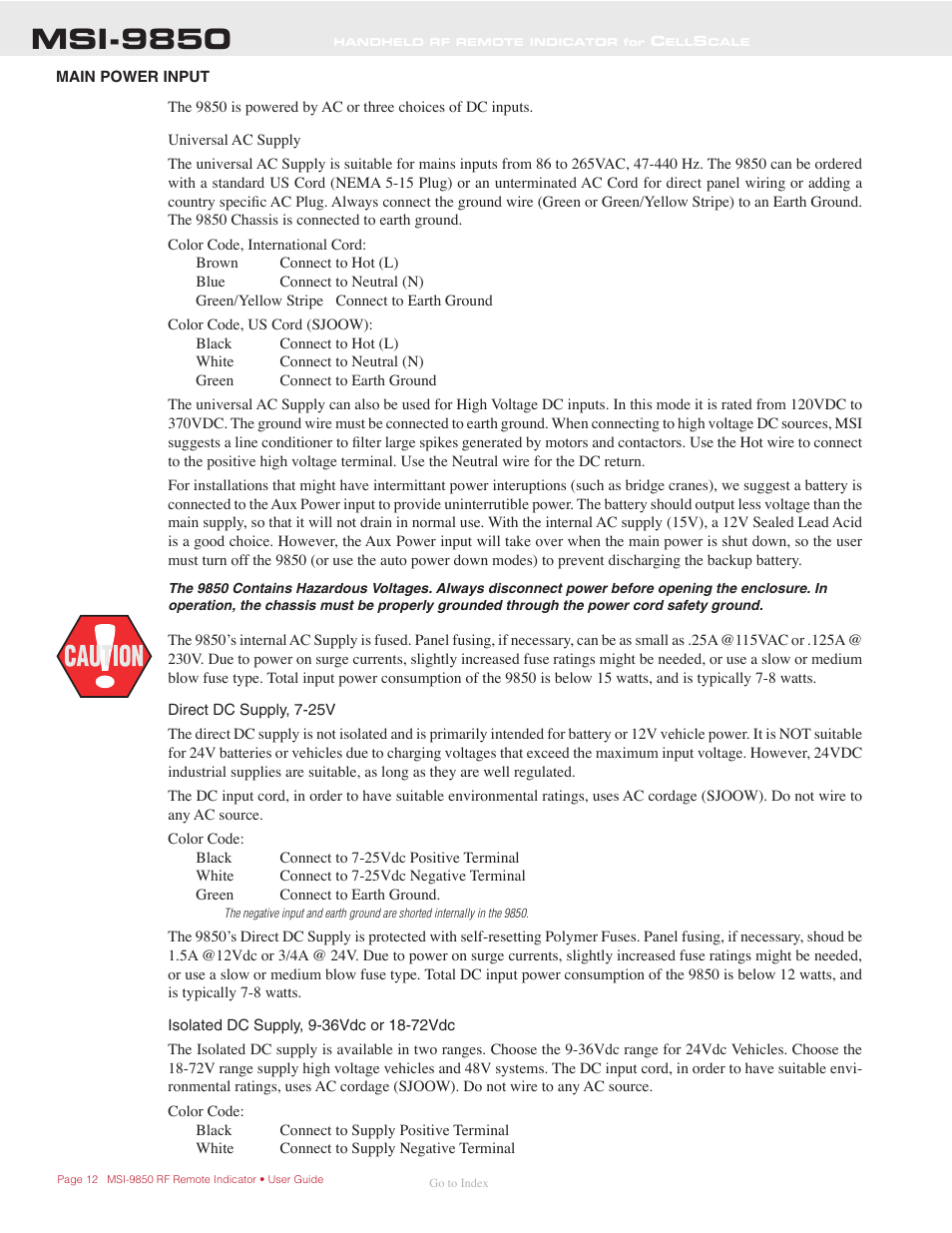 Main power input, Msi-9850 | Rice Lake MSI-9850 CellScale RF Digital Indicator - Operator Manual User Manual | Page 12 / 114