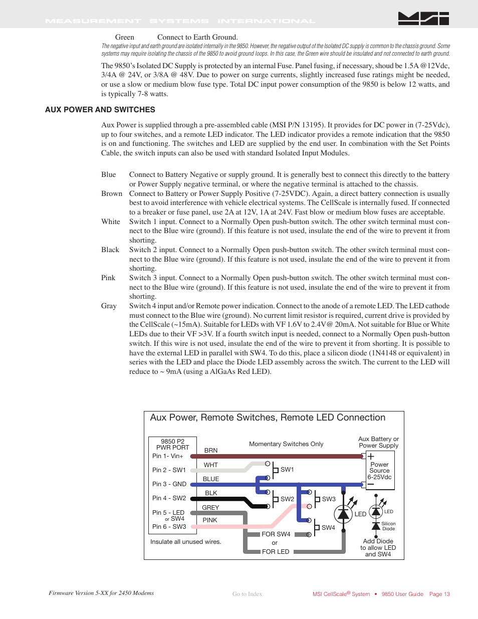 Aux power and switches, Aux power, remote switches, remote led connection | Rice Lake MSI-9850 CellScale RF Digital Indicator - Operator Manual User Manual | Page 13 / 114