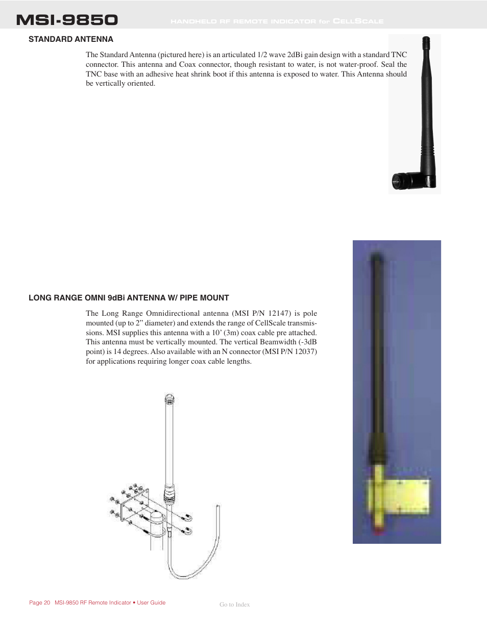 Standard antenna, Long range omni 9dbi antenna w/ pipe mount, Msi-9850 | Rice Lake MSI-9850 CellScale RF Digital Indicator - Operator Manual User Manual | Page 20 / 114