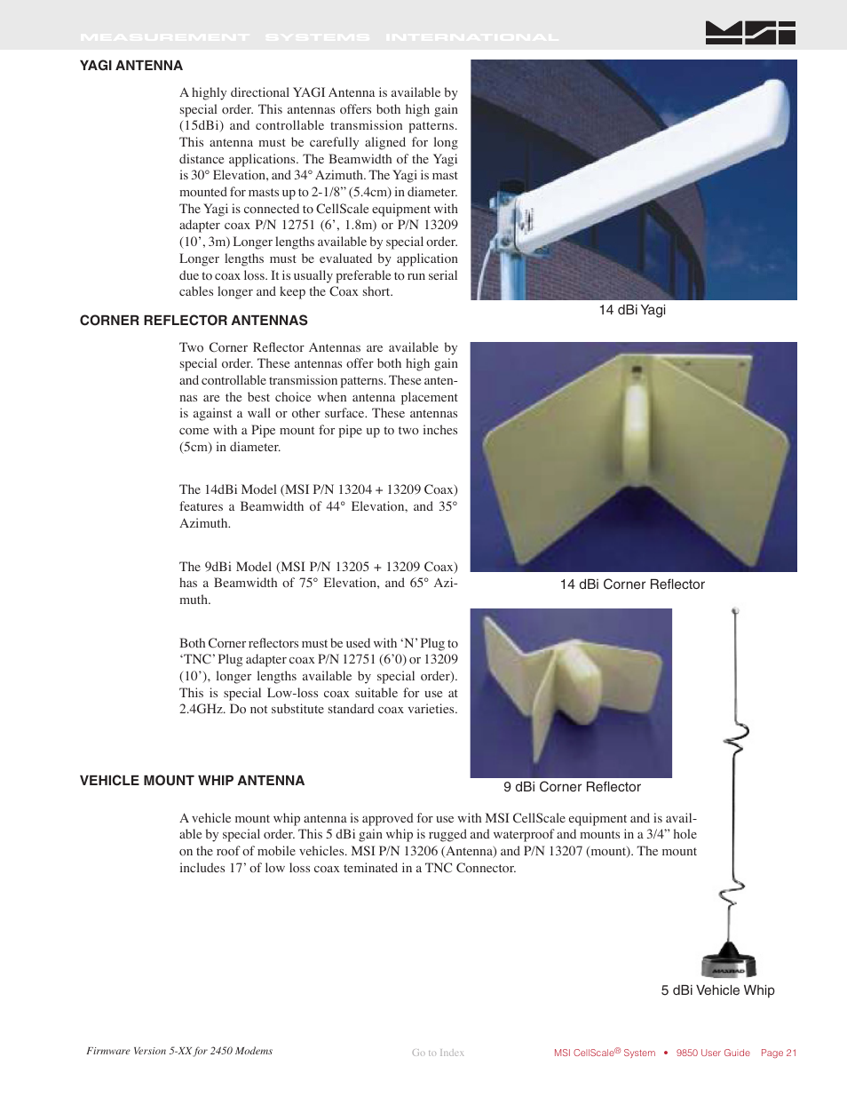 Yagi antenna, Corner reﬂector antennas, Vehicle mount whip antenna | Rice Lake MSI-9850 CellScale RF Digital Indicator - Operator Manual User Manual | Page 21 / 114