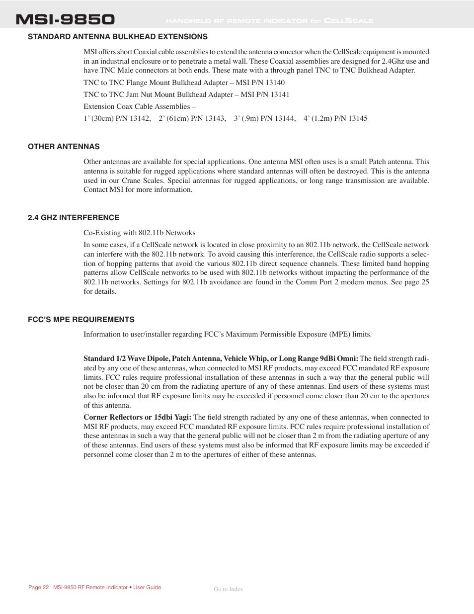 Standard antenna bulkhead extensions, Other antennas, 4 ghz interference | Fcc’s mpe requirements, Msi-9850 | Rice Lake MSI-9850 CellScale RF Digital Indicator - Operator Manual User Manual | Page 22 / 114