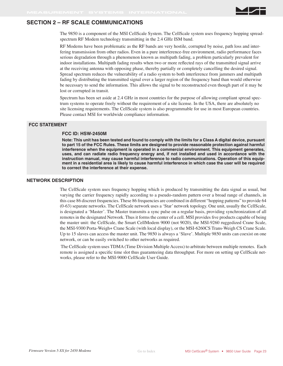 Ection, 2 – r, Cale | Ommunications, Fcc statement, Network description | Rice Lake MSI-9850 CellScale RF Digital Indicator - Operator Manual User Manual | Page 23 / 114
