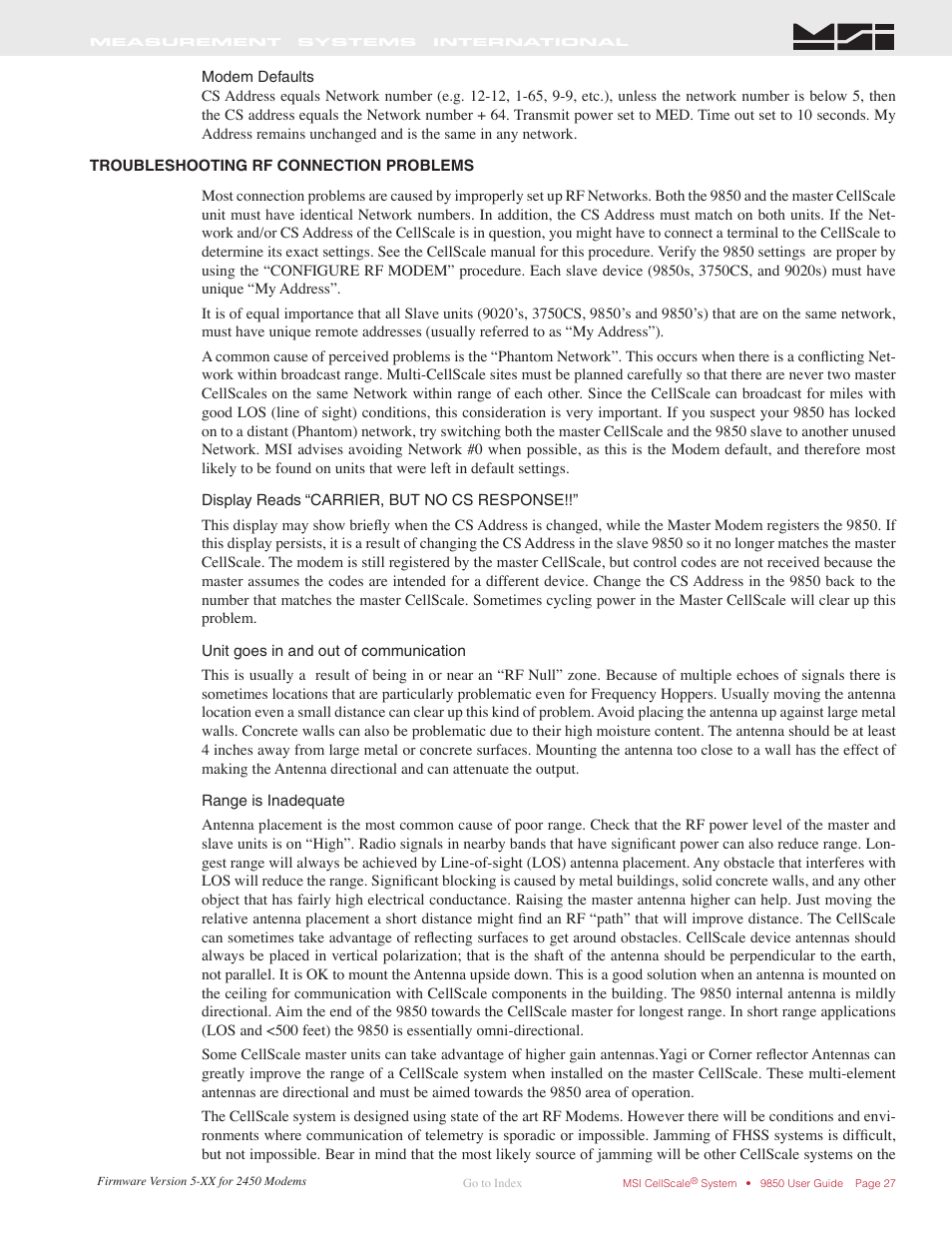 Troubleshooting rf connection problems | Rice Lake MSI-9850 CellScale RF Digital Indicator - Operator Manual User Manual | Page 27 / 114