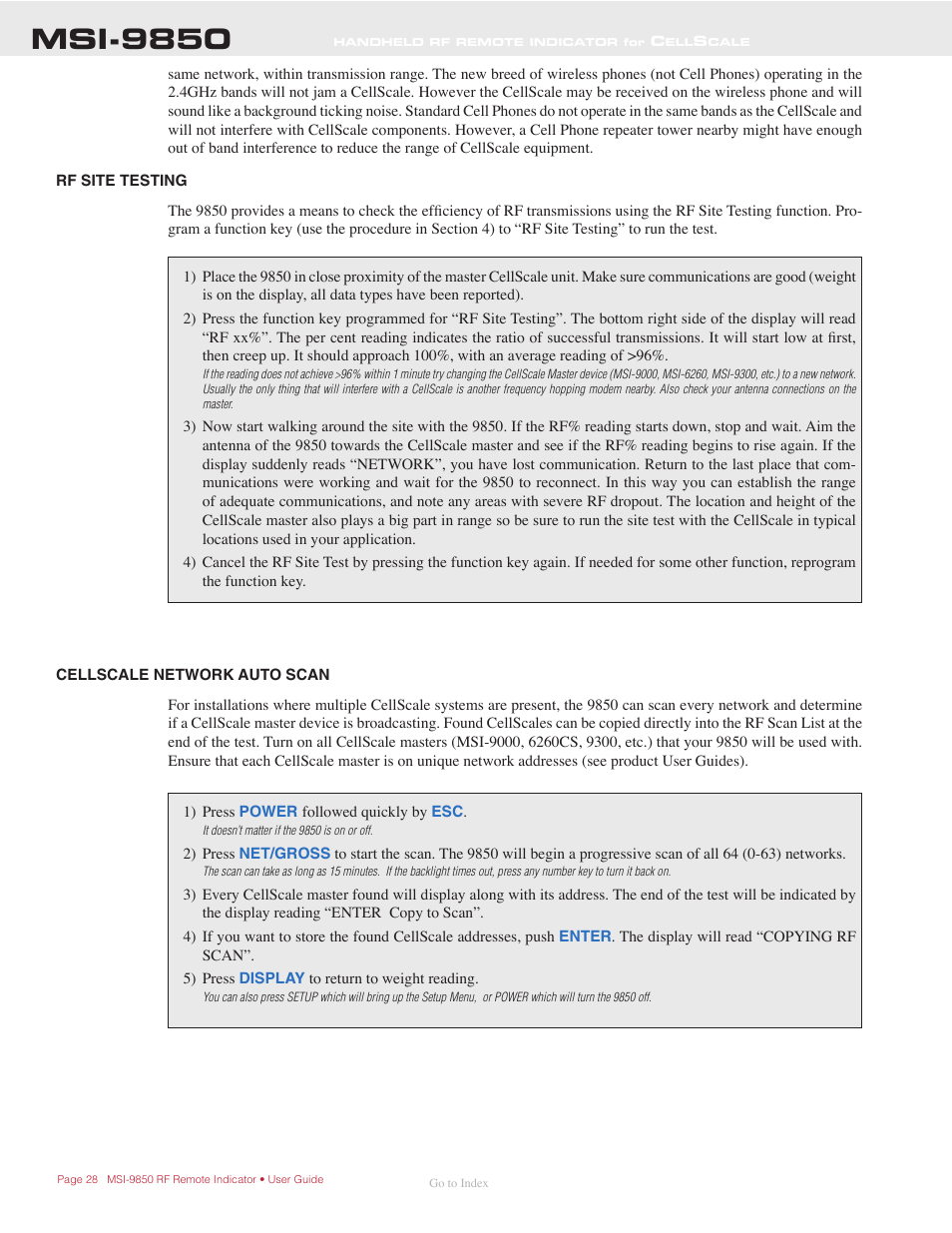 Rf site testing, Cellscale network auto scan, Msi-9850 | Rice Lake MSI-9850 CellScale RF Digital Indicator - Operator Manual User Manual | Page 28 / 114
