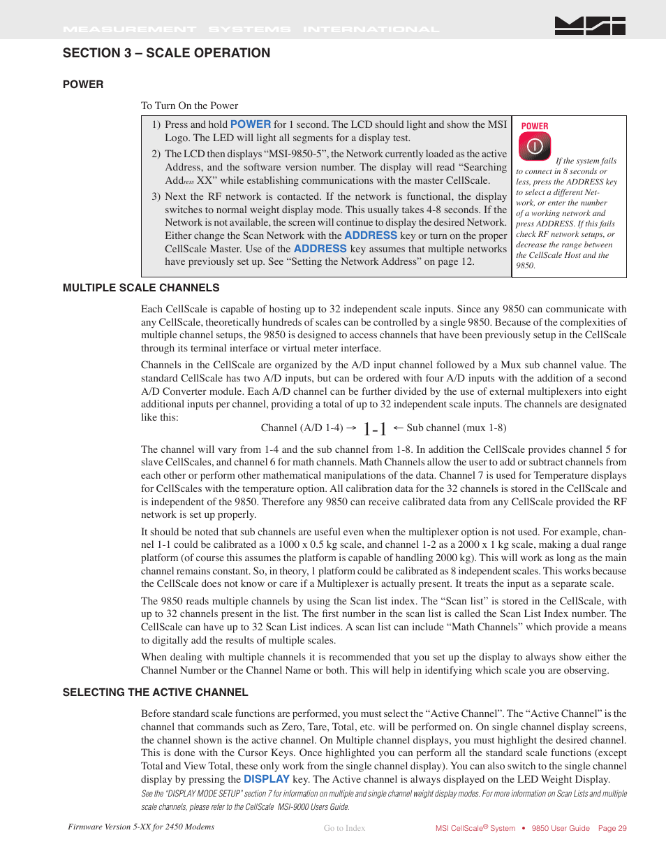 Ection, 3 – s, Cale | Peration, Power, Multiple scale channels, Selecting the active channel | Rice Lake MSI-9850 CellScale RF Digital Indicator - Operator Manual User Manual | Page 29 / 114