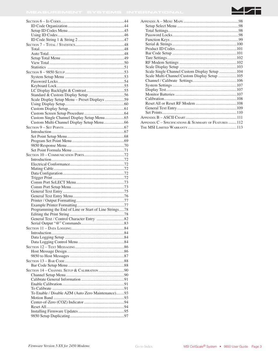 Rice Lake MSI-9850 CellScale RF Digital Indicator - Operator Manual User Manual | Page 3 / 114