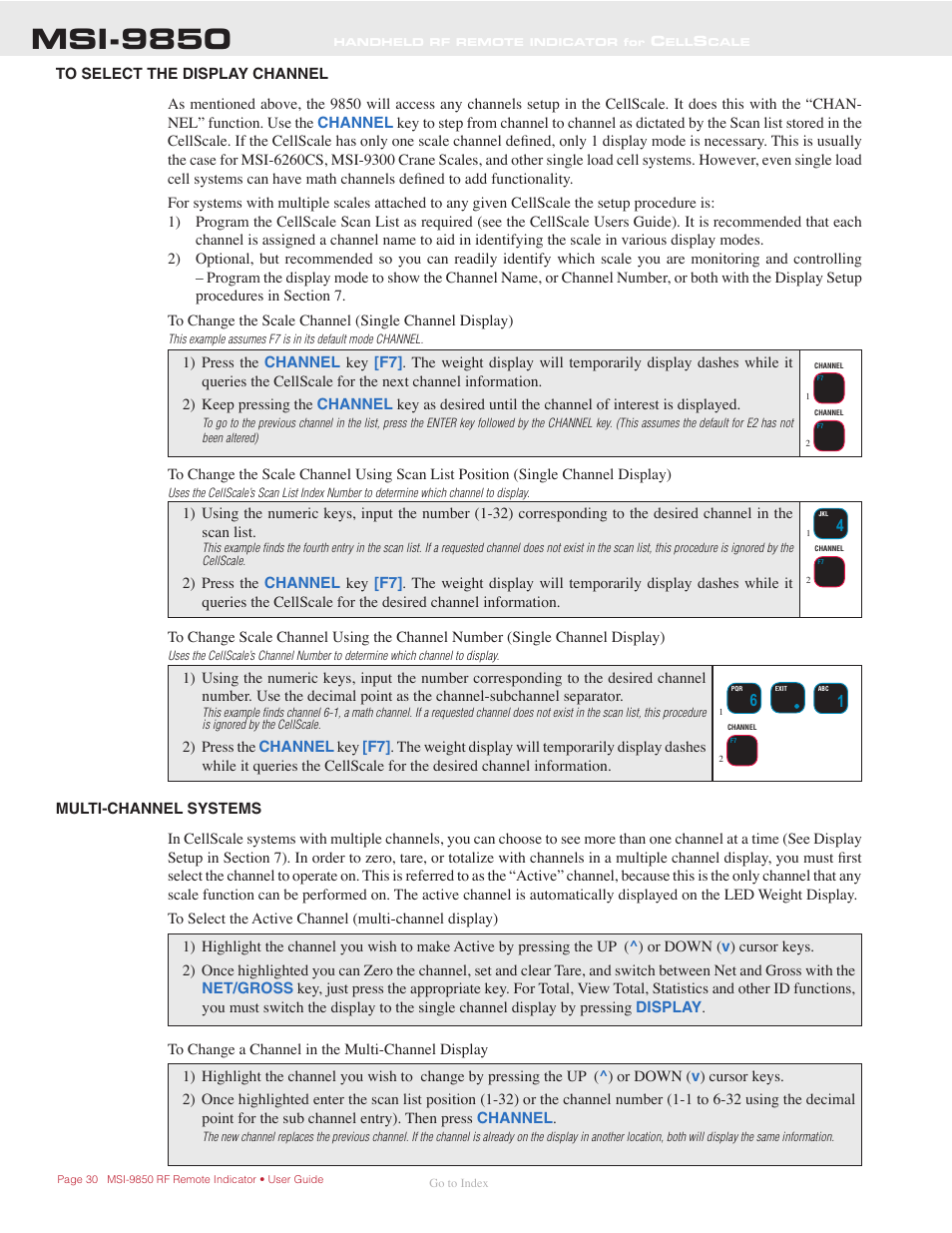 Multi-channel systems, To select the display channel, Msi-9850 | Rice Lake MSI-9850 CellScale RF Digital Indicator - Operator Manual User Manual | Page 30 / 114