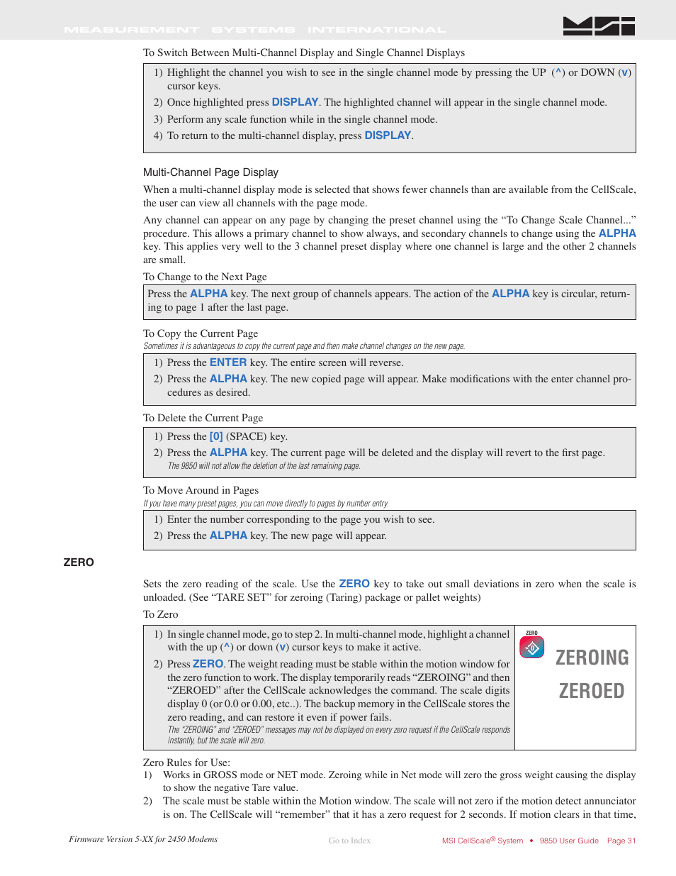 Zero, Zeroing zeroed | Rice Lake MSI-9850 CellScale RF Digital Indicator - Operator Manual User Manual | Page 31 / 114