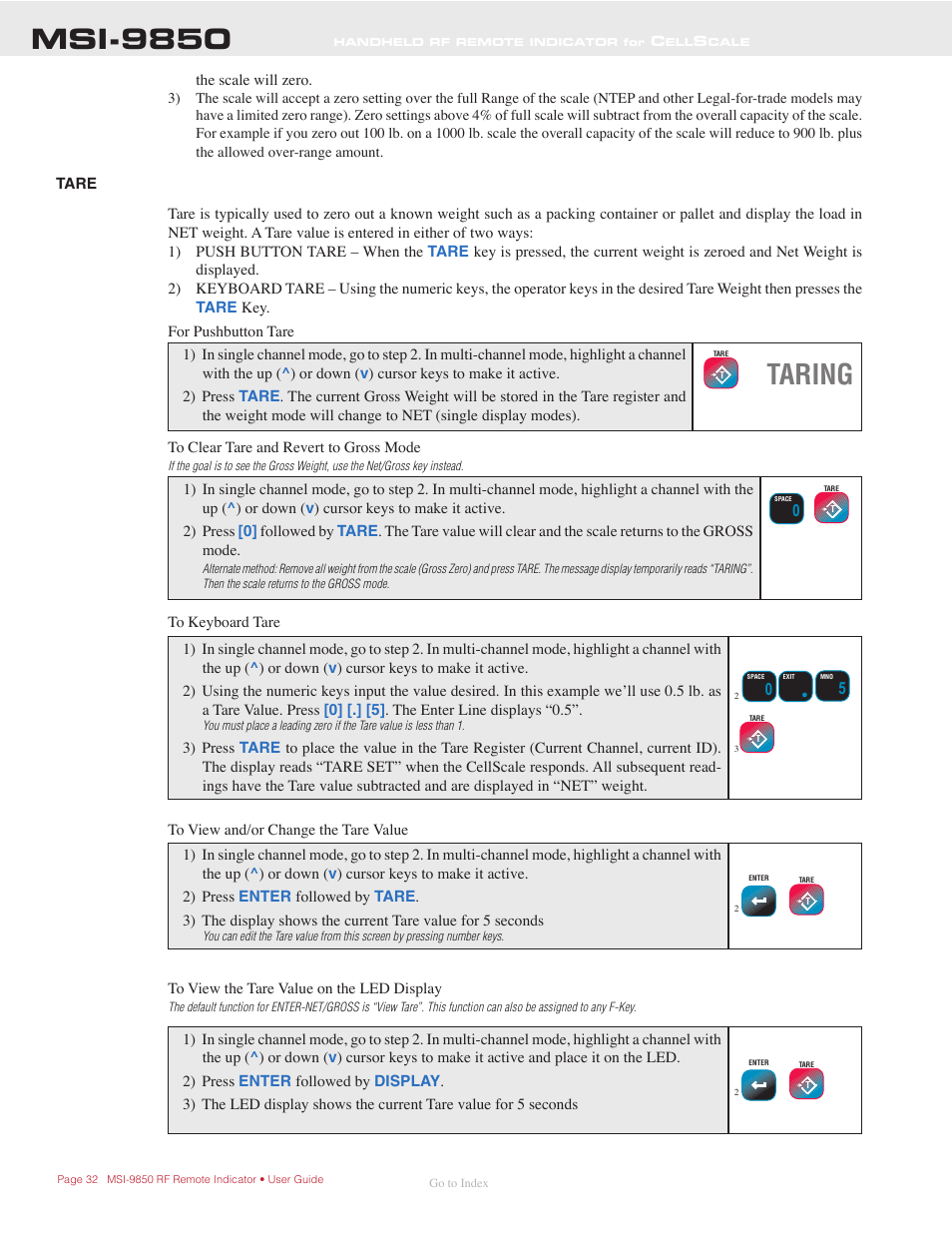 Tare, Msi-9850, Taring | Rice Lake MSI-9850 CellScale RF Digital Indicator - Operator Manual User Manual | Page 32 / 114