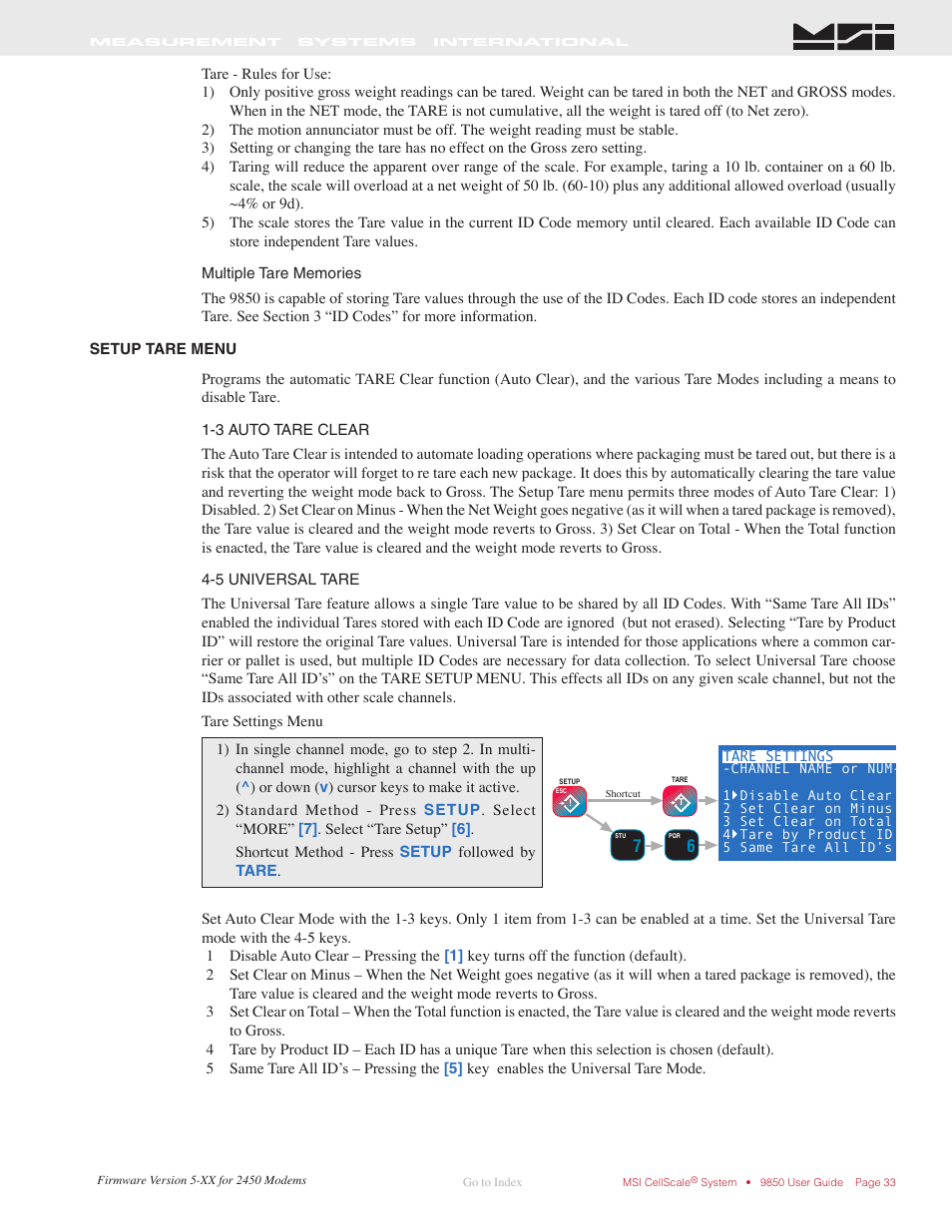 Setup tare menu | Rice Lake MSI-9850 CellScale RF Digital Indicator - Operator Manual User Manual | Page 33 / 114