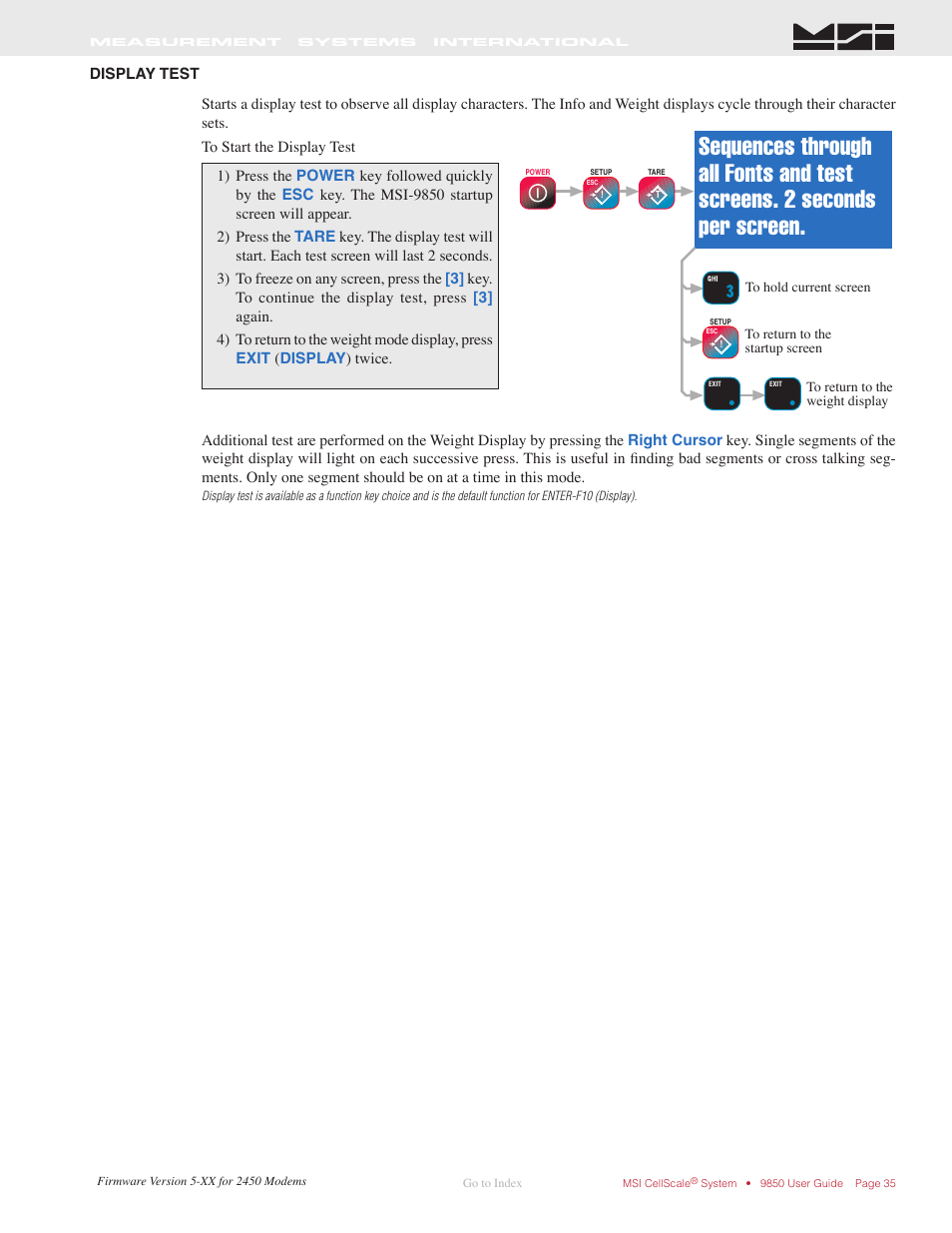 Display test | Rice Lake MSI-9850 CellScale RF Digital Indicator - Operator Manual User Manual | Page 35 / 114