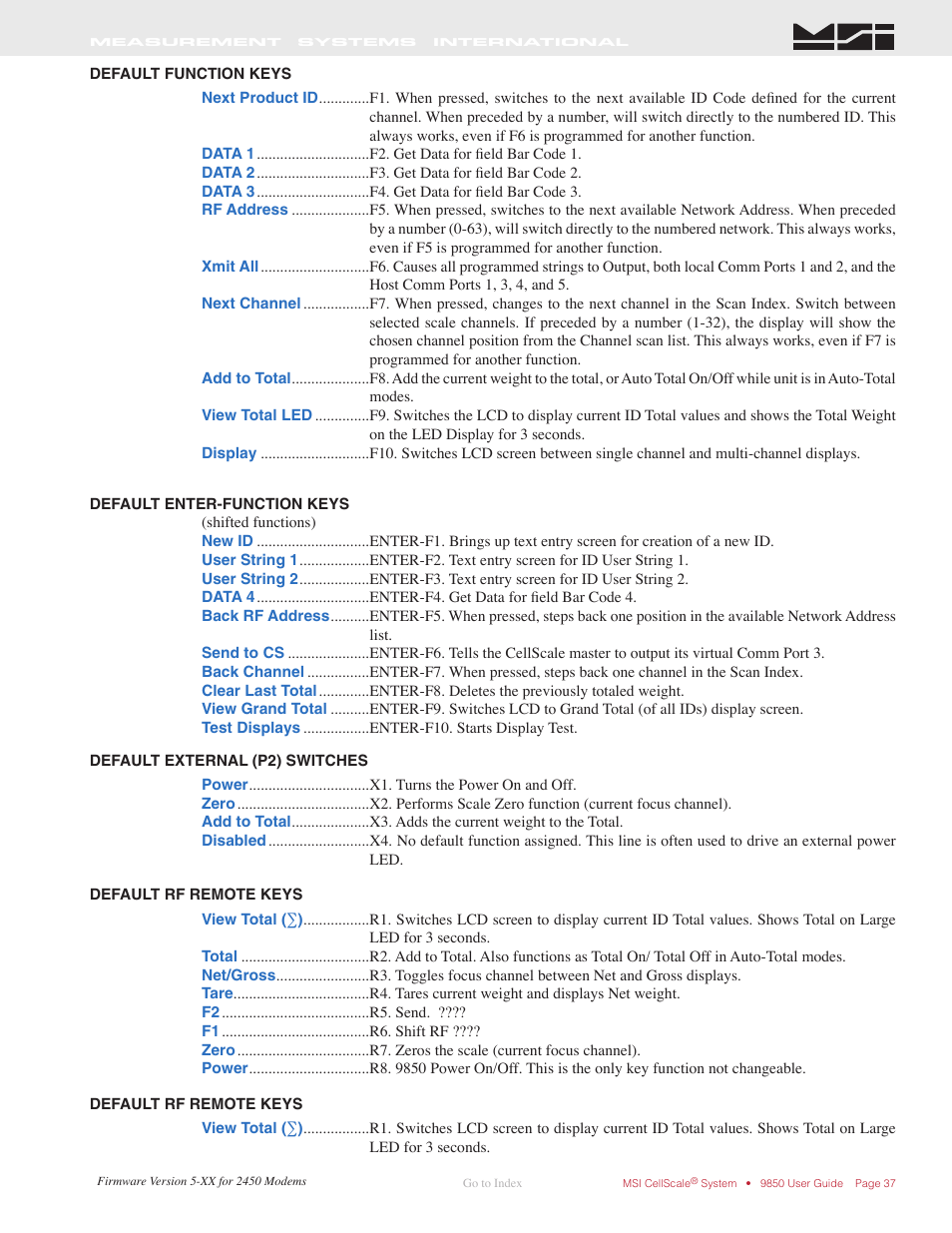 Default function keys, Default enter-function keys, Default external (p2) switches | Default rf remote keys | Rice Lake MSI-9850 CellScale RF Digital Indicator - Operator Manual User Manual | Page 37 / 114