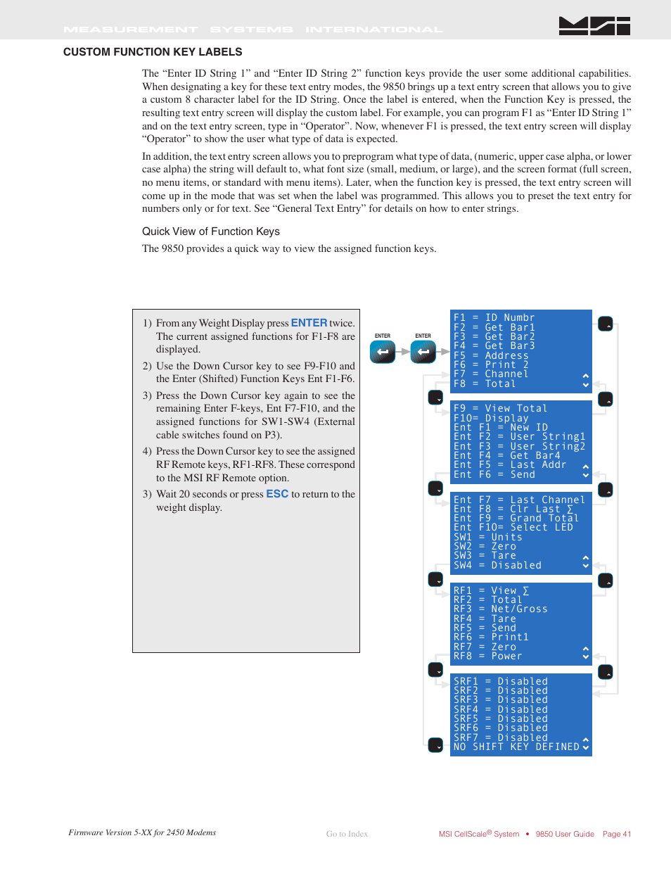 Custom function key labels | Rice Lake MSI-9850 CellScale RF Digital Indicator - Operator Manual User Manual | Page 41 / 114