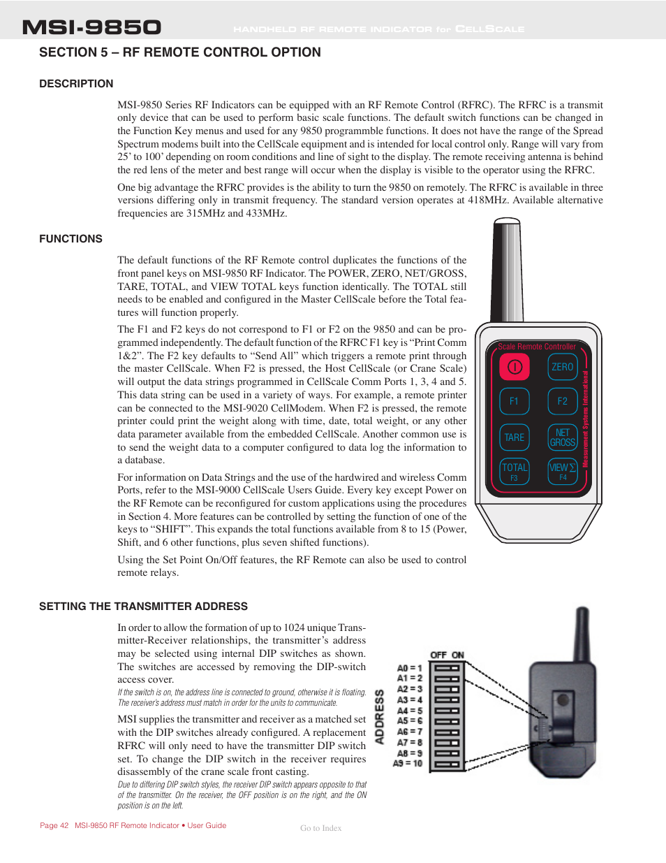 Ection, 5 – rf r, Emote | Ontrol, Ption, Description, Functions, Setting the transmitter address, Msi-9850 | Rice Lake MSI-9850 CellScale RF Digital Indicator - Operator Manual User Manual | Page 42 / 114