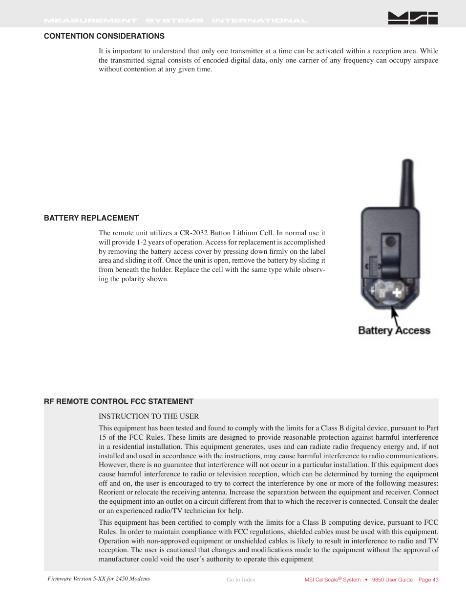 Contention considerations, Battery replacement, Rf remote control fcc statement | Rice Lake MSI-9850 CellScale RF Digital Indicator - Operator Manual User Manual | Page 43 / 114
