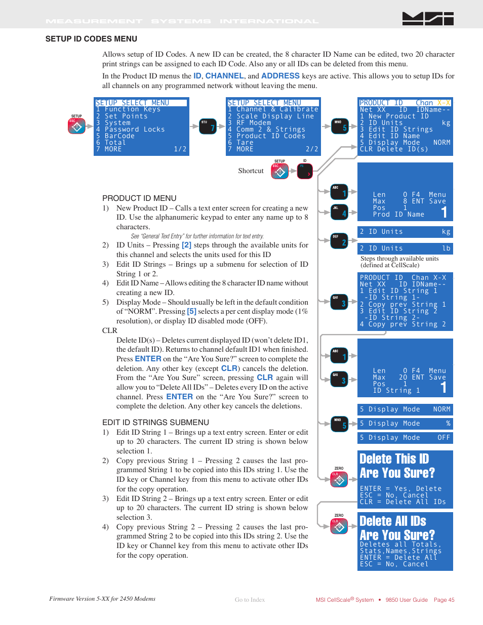 Setup id codes menu, Delete this id are you sure, Delete all ids are you sure | Rice Lake MSI-9850 CellScale RF Digital Indicator - Operator Manual User Manual | Page 45 / 114