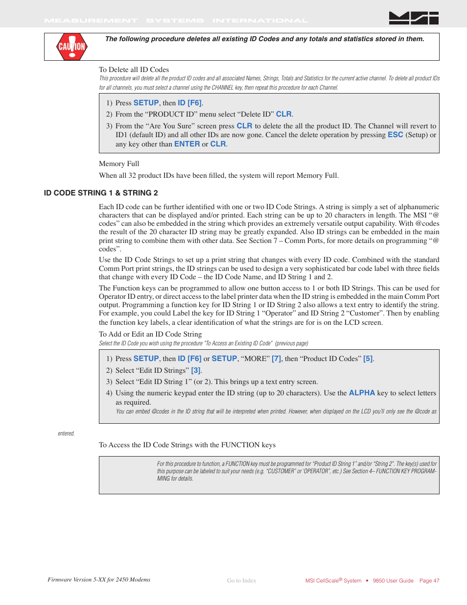 Id code string 1 & string 2 | Rice Lake MSI-9850 CellScale RF Digital Indicator - Operator Manual User Manual | Page 47 / 114