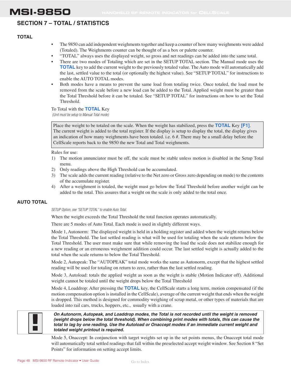 Ection, 7 – t, Otal | Tatistics, Total, Auto total, Msi-9850 | Rice Lake MSI-9850 CellScale RF Digital Indicator - Operator Manual User Manual | Page 48 / 114