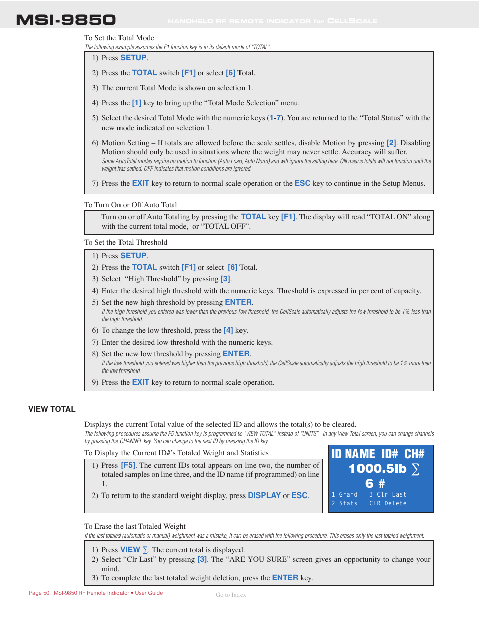 View total, Msi-9850 | Rice Lake MSI-9850 CellScale RF Digital Indicator - Operator Manual User Manual | Page 50 / 114