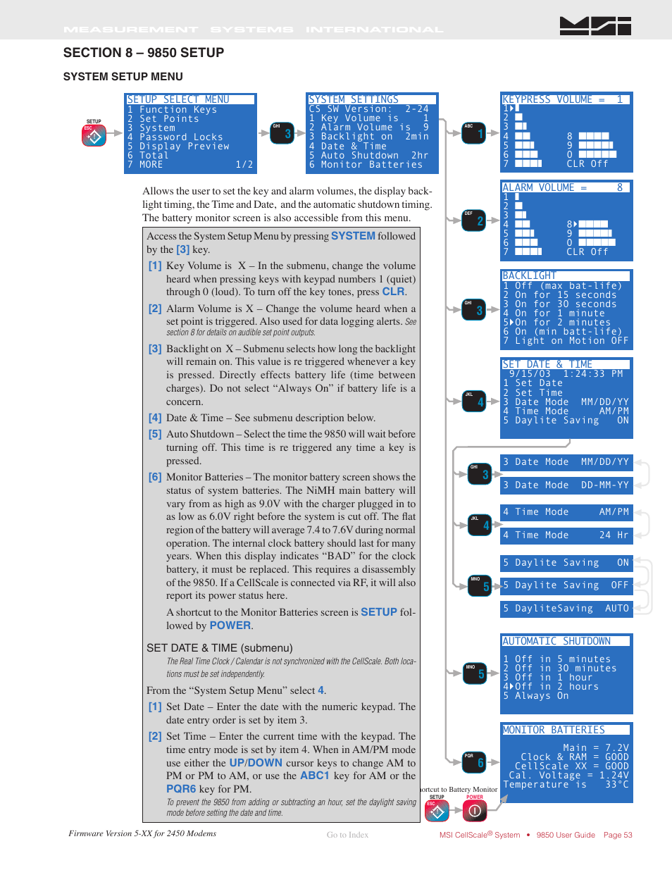 Ection, 8 – 9850 s, Etup | System setup menu | Rice Lake MSI-9850 CellScale RF Digital Indicator - Operator Manual User Manual | Page 53 / 114