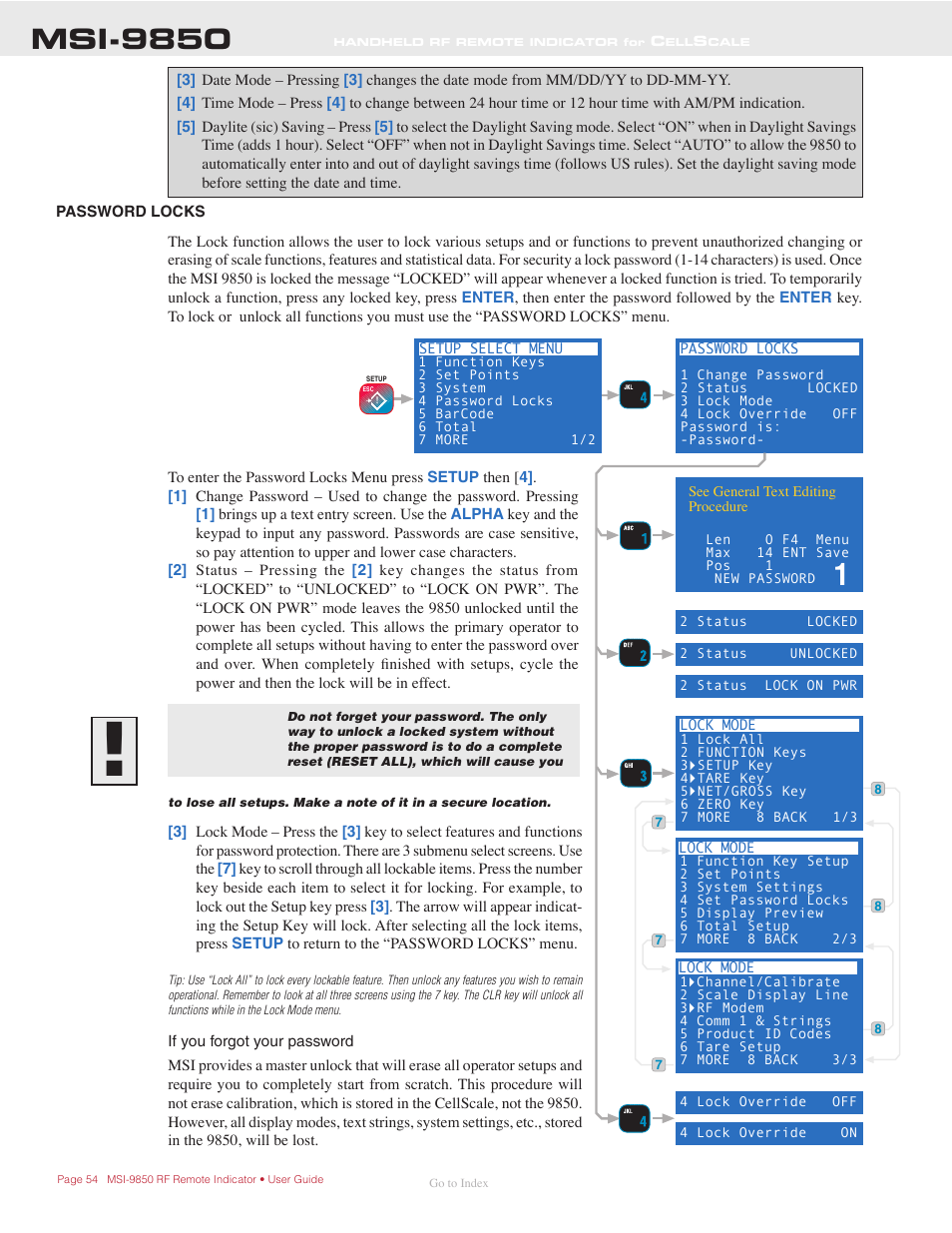 Password locks, Msi-9850 | Rice Lake MSI-9850 CellScale RF Digital Indicator - Operator Manual User Manual | Page 54 / 114