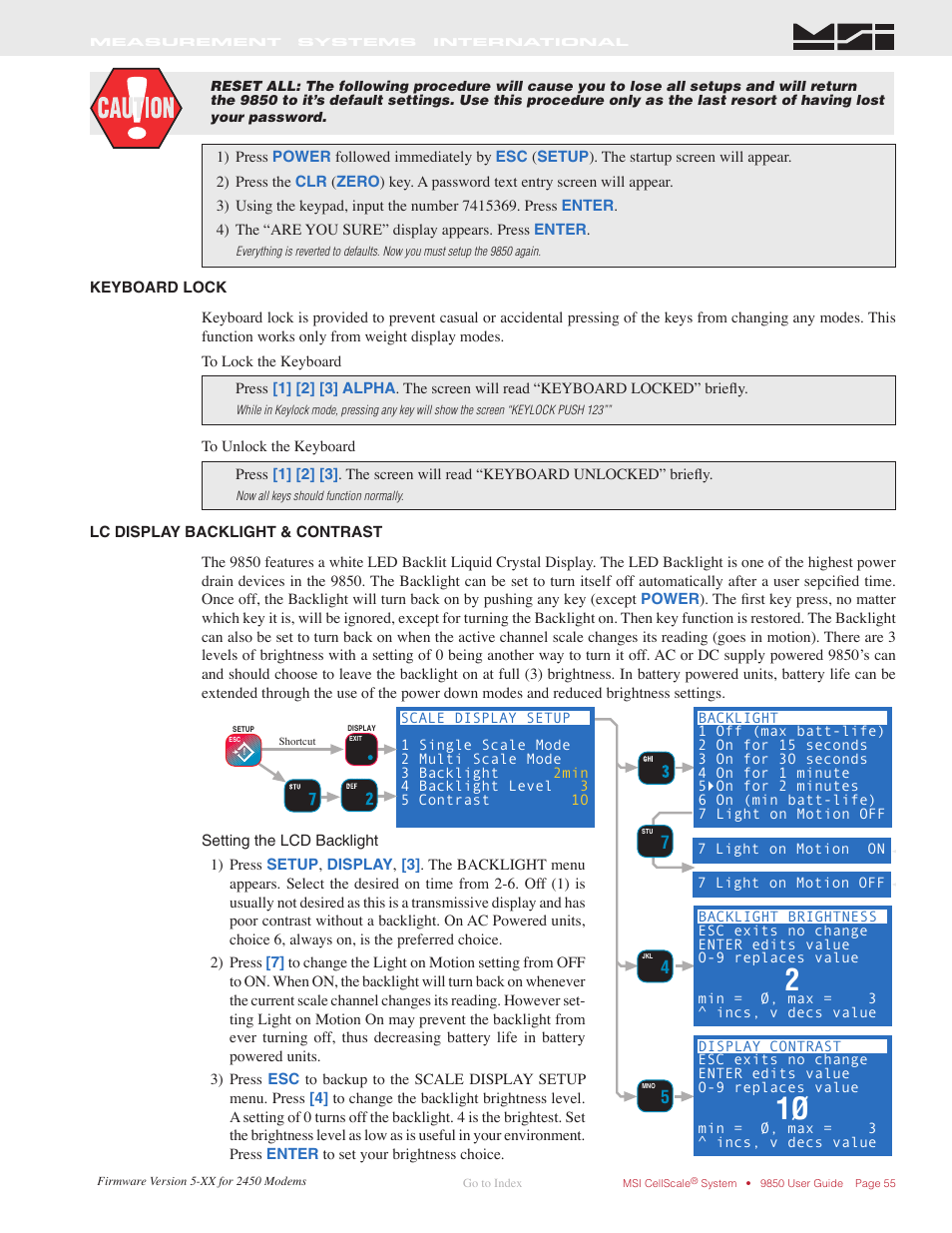 Keyboard lock, Lc display backlight & contrast | Rice Lake MSI-9850 CellScale RF Digital Indicator - Operator Manual User Manual | Page 55 / 114