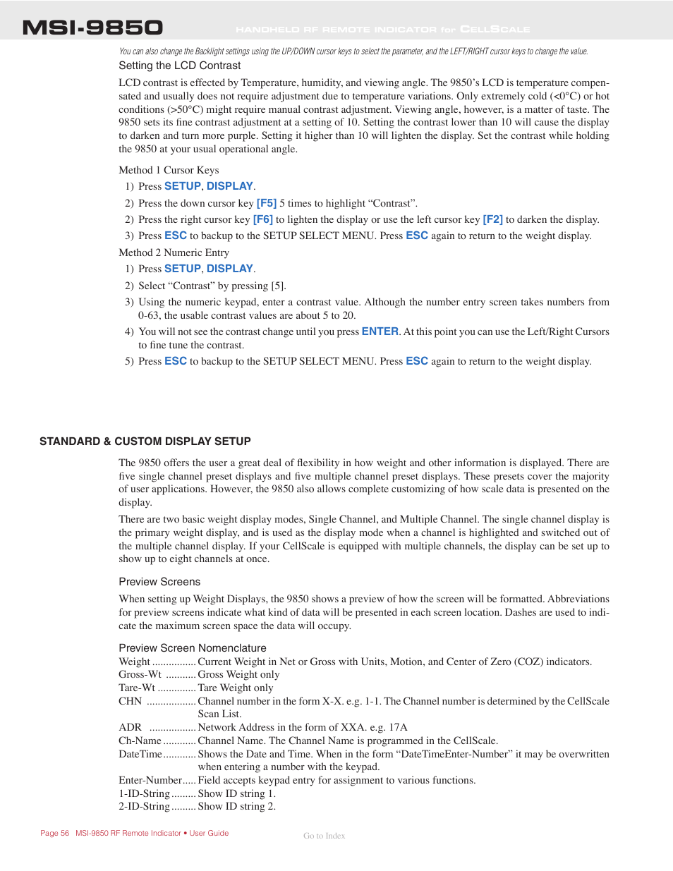 Standard & custom display setup, Msi-9850 | Rice Lake MSI-9850 CellScale RF Digital Indicator - Operator Manual User Manual | Page 56 / 114