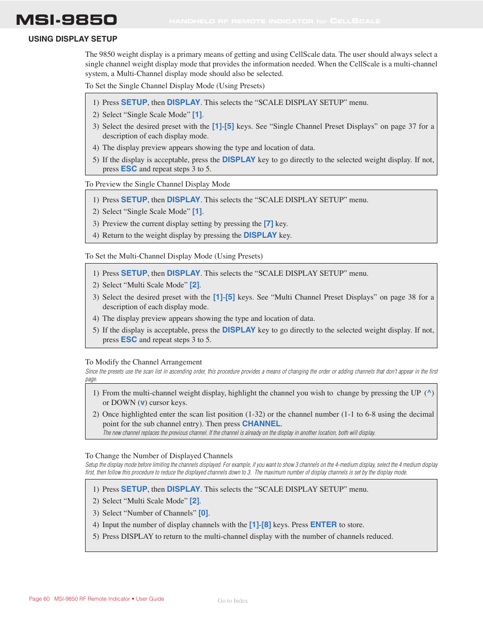 Using display setup, Msi-9850 | Rice Lake MSI-9850 CellScale RF Digital Indicator - Operator Manual User Manual | Page 60 / 114