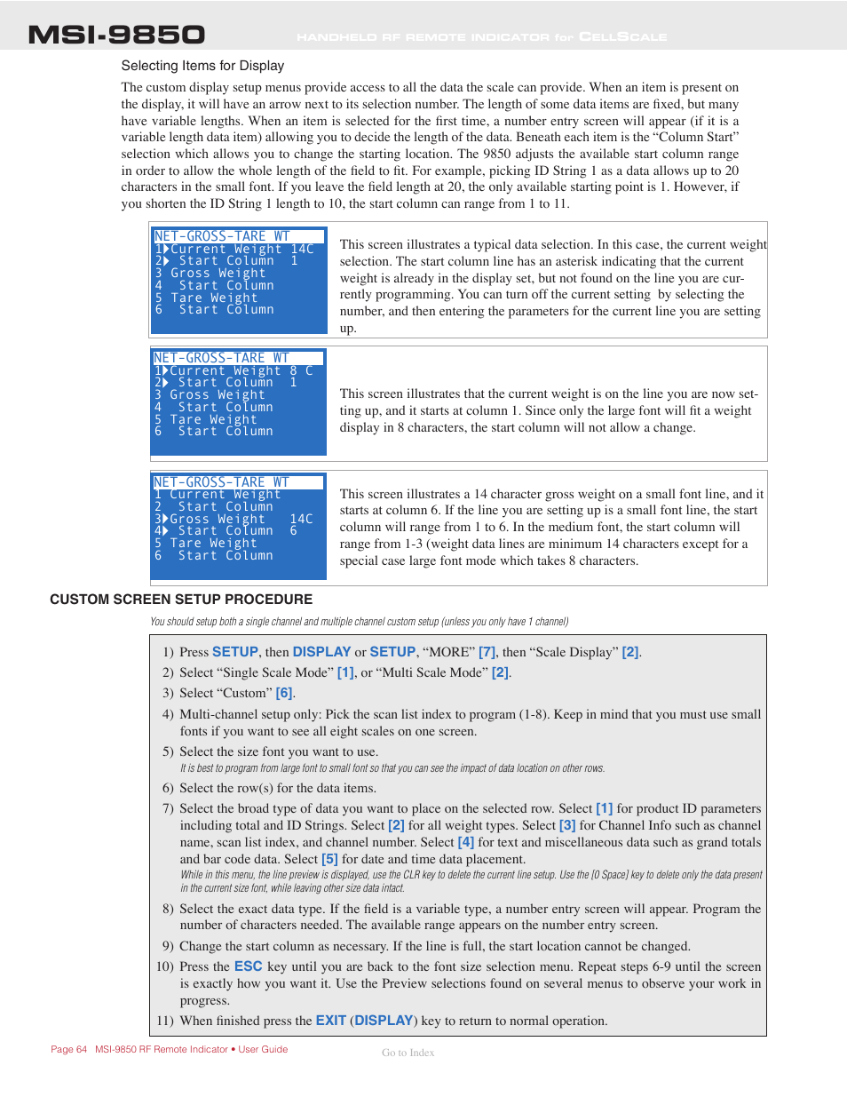 Custom screen setup procedure, Msi-9850 | Rice Lake MSI-9850 CellScale RF Digital Indicator - Operator Manual User Manual | Page 64 / 114