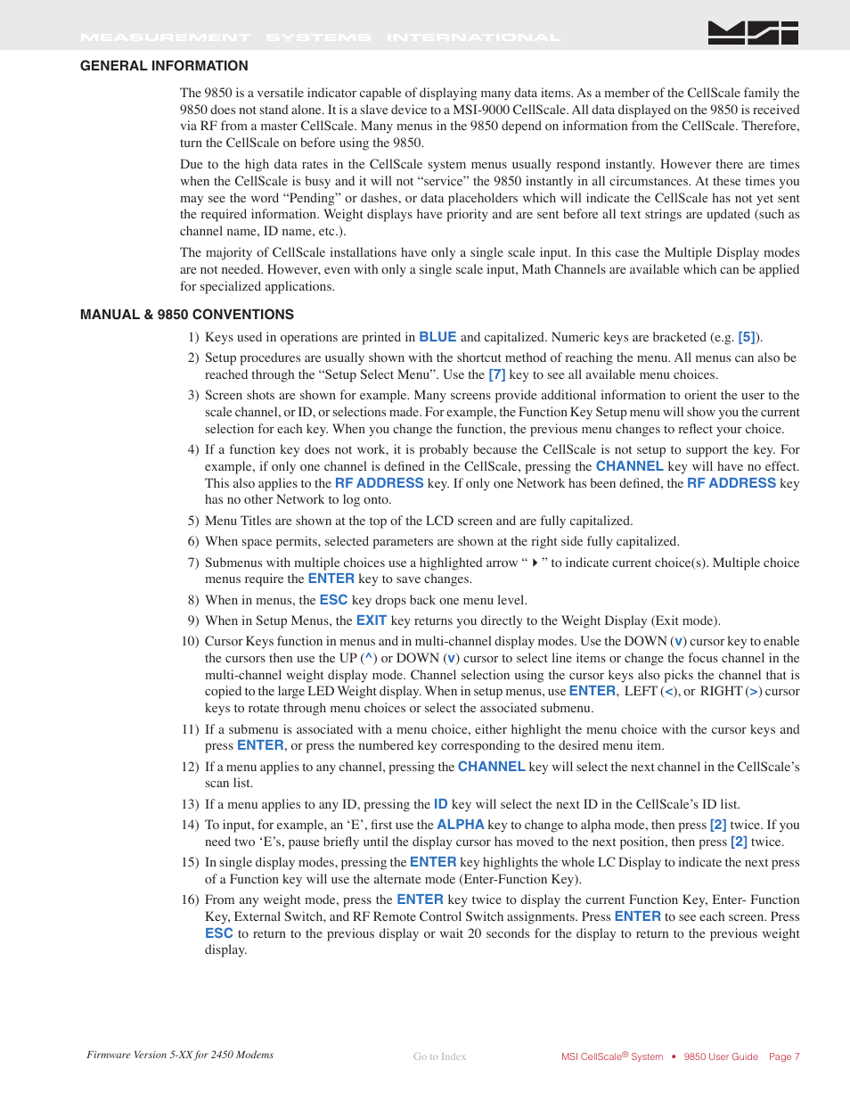 General information, Manual & 9850 conventions | Rice Lake MSI-9850 CellScale RF Digital Indicator - Operator Manual User Manual | Page 7 / 114