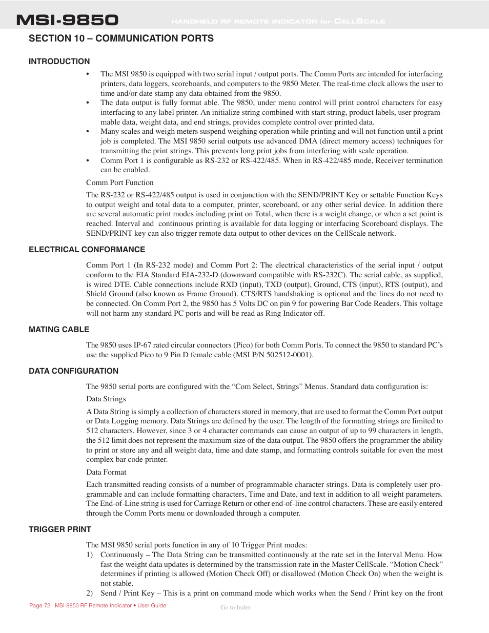 Ection, 10 – c, Ommunication | Orts, Introduction, Electrical conformance, Mating cable, Data conﬁguration, Trigger print, Msi-9850 | Rice Lake MSI-9850 CellScale RF Digital Indicator - Operator Manual User Manual | Page 72 / 114