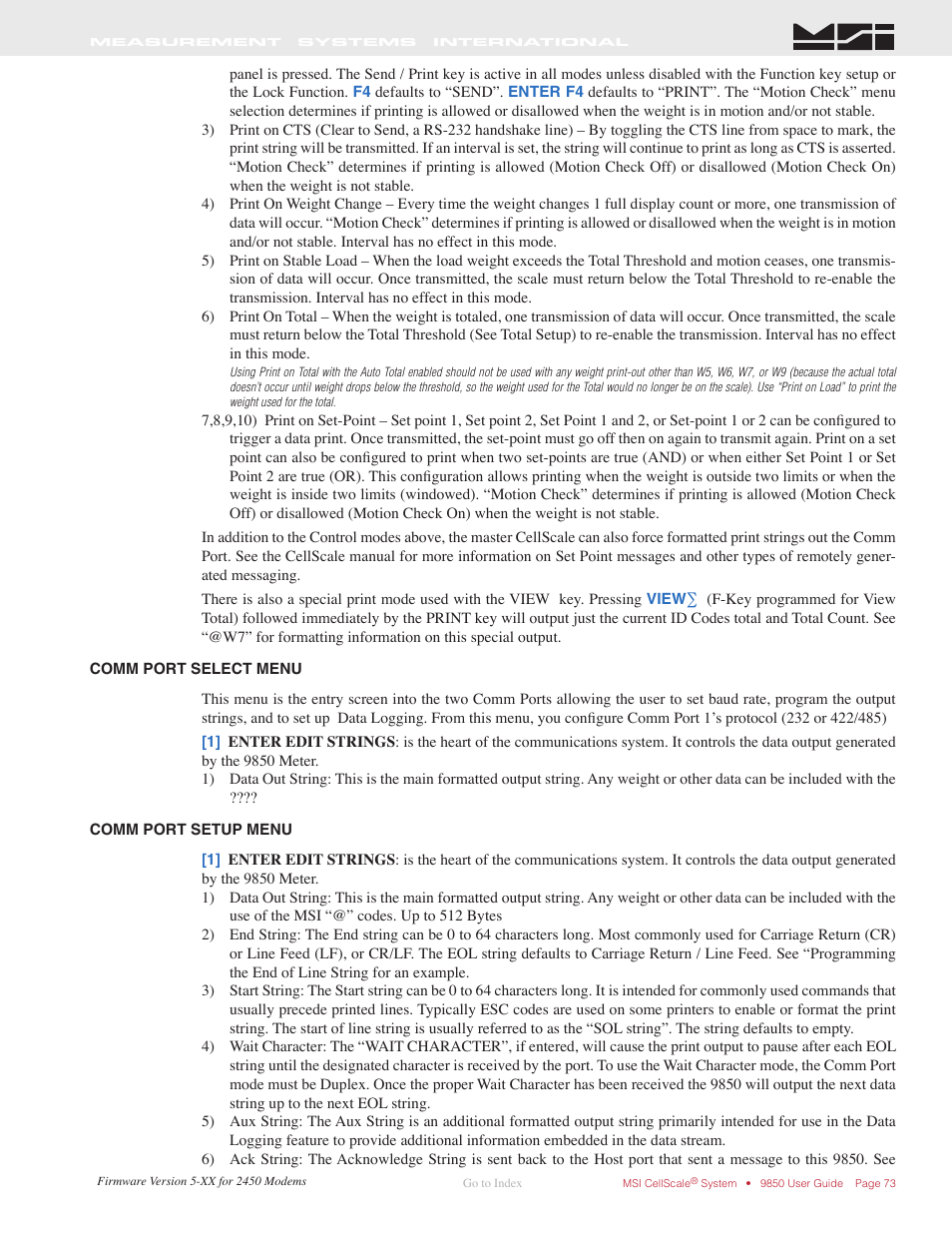 Comm port select menu, Comm port setup menu | Rice Lake MSI-9850 CellScale RF Digital Indicator - Operator Manual User Manual | Page 73 / 114