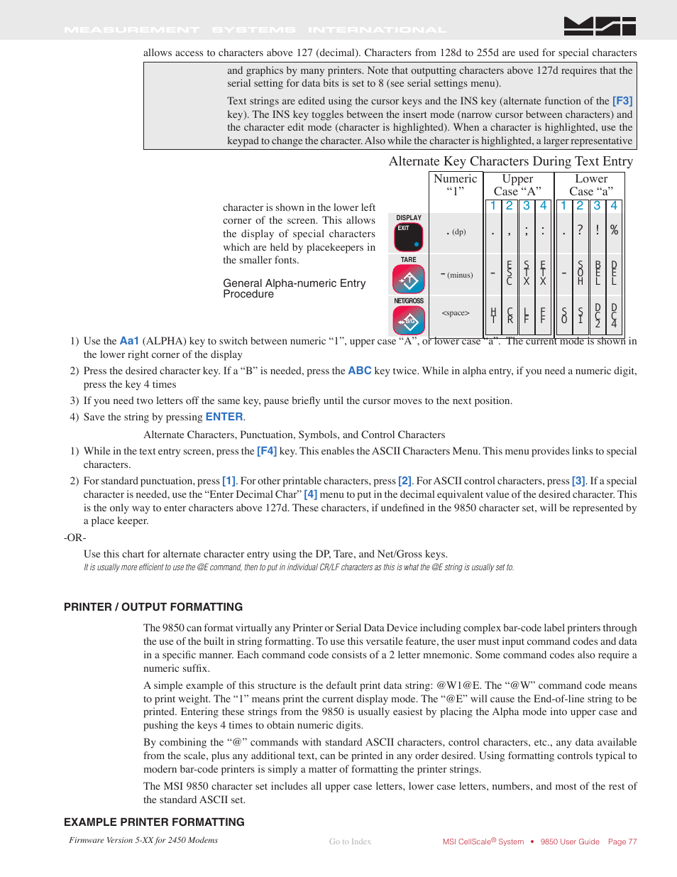 Printer / output formatting, Example printer formatting, Alternate key characters during text entry | Rice Lake MSI-9850 CellScale RF Digital Indicator - Operator Manual User Manual | Page 77 / 114