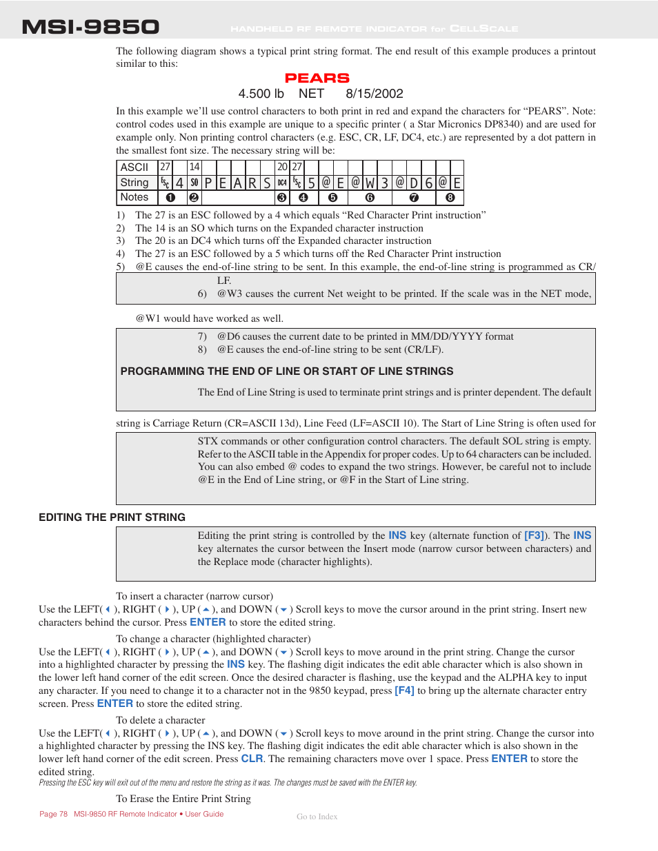 Editing the print string, Msi-9850 | Rice Lake MSI-9850 CellScale RF Digital Indicator - Operator Manual User Manual | Page 78 / 114