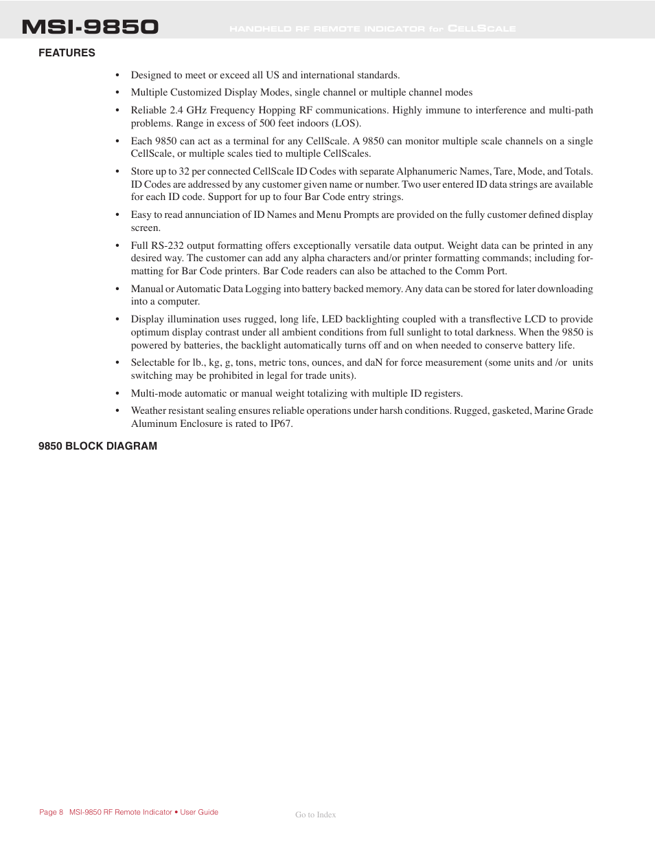 Features, 9850 block diagram, Msi-9850 | Rice Lake MSI-9850 CellScale RF Digital Indicator - Operator Manual User Manual | Page 8 / 114