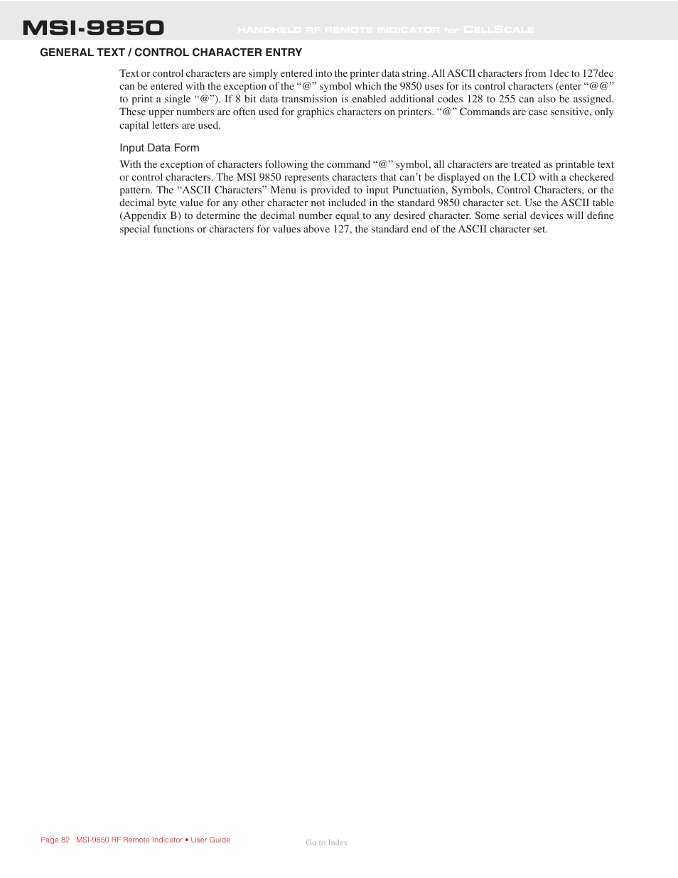 General text / control character entry, Msi-9850 | Rice Lake MSI-9850 CellScale RF Digital Indicator - Operator Manual User Manual | Page 82 / 114