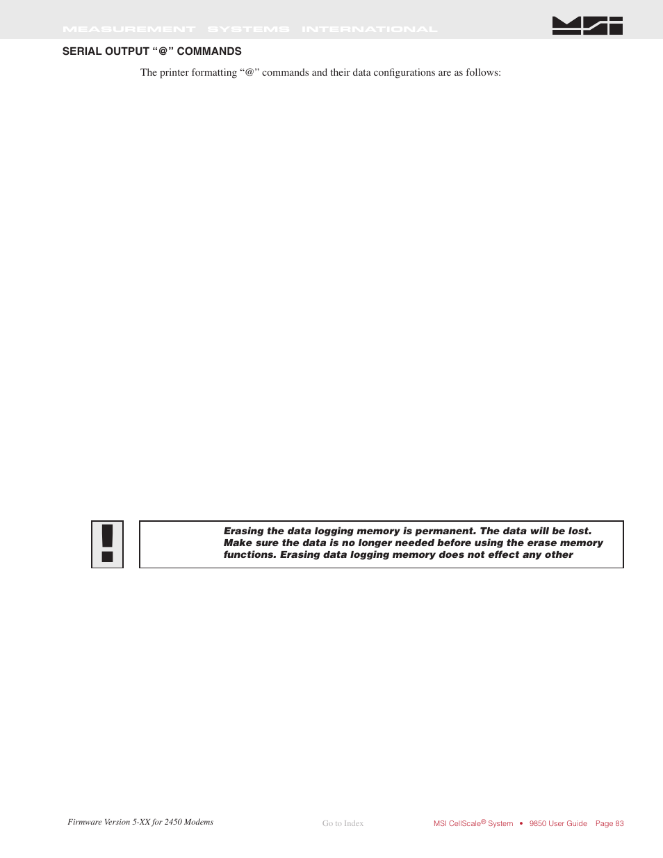 Serial output “@” commands | Rice Lake MSI-9850 CellScale RF Digital Indicator - Operator Manual User Manual | Page 83 / 114