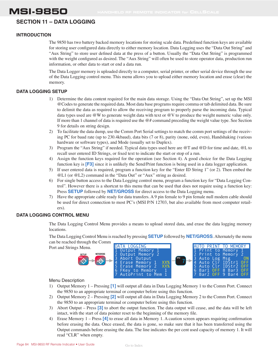 Ection, 11 – d, Ogging | Introduction, Data logging setup, Data logging control menu, Msi-9850 | Rice Lake MSI-9850 CellScale RF Digital Indicator - Operator Manual User Manual | Page 84 / 114