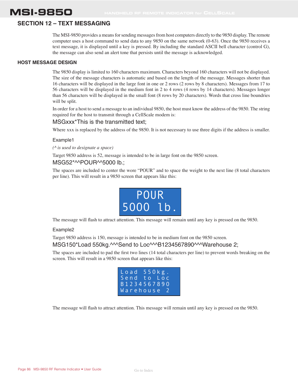 Ection, 12 – t, Essaging | Host message design, Pour 5000 lb, Msi-9850 | Rice Lake MSI-9850 CellScale RF Digital Indicator - Operator Manual User Manual | Page 86 / 114