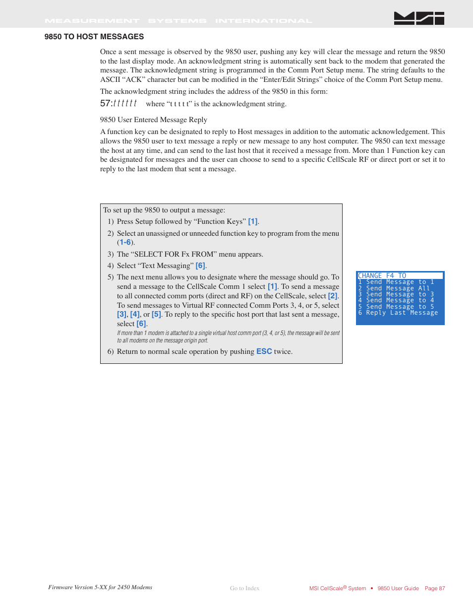 9850 to host messages | Rice Lake MSI-9850 CellScale RF Digital Indicator - Operator Manual User Manual | Page 87 / 114