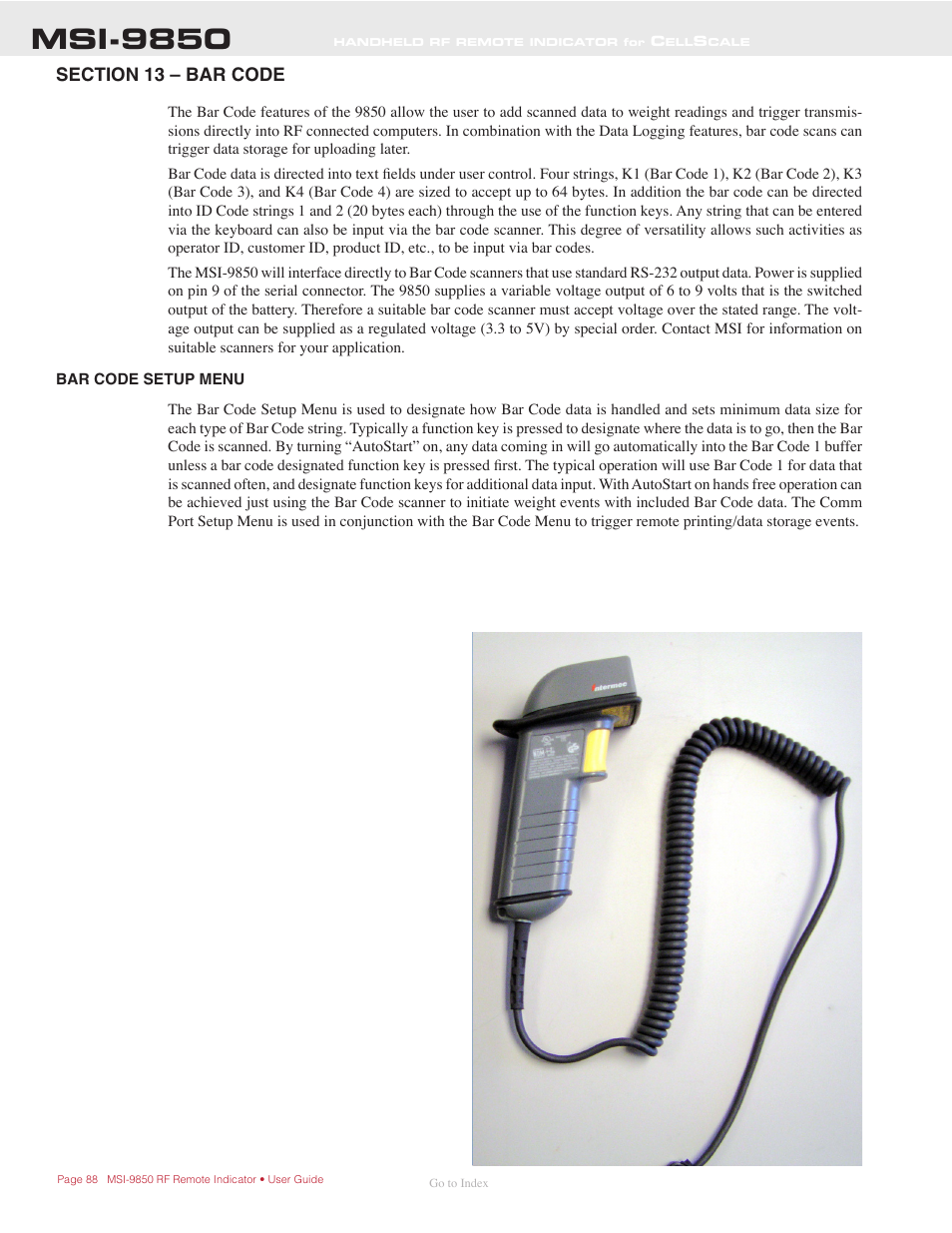 Ection, 13 – b, Bar code setup menu | Msi-9850 | Rice Lake MSI-9850 CellScale RF Digital Indicator - Operator Manual User Manual | Page 88 / 114