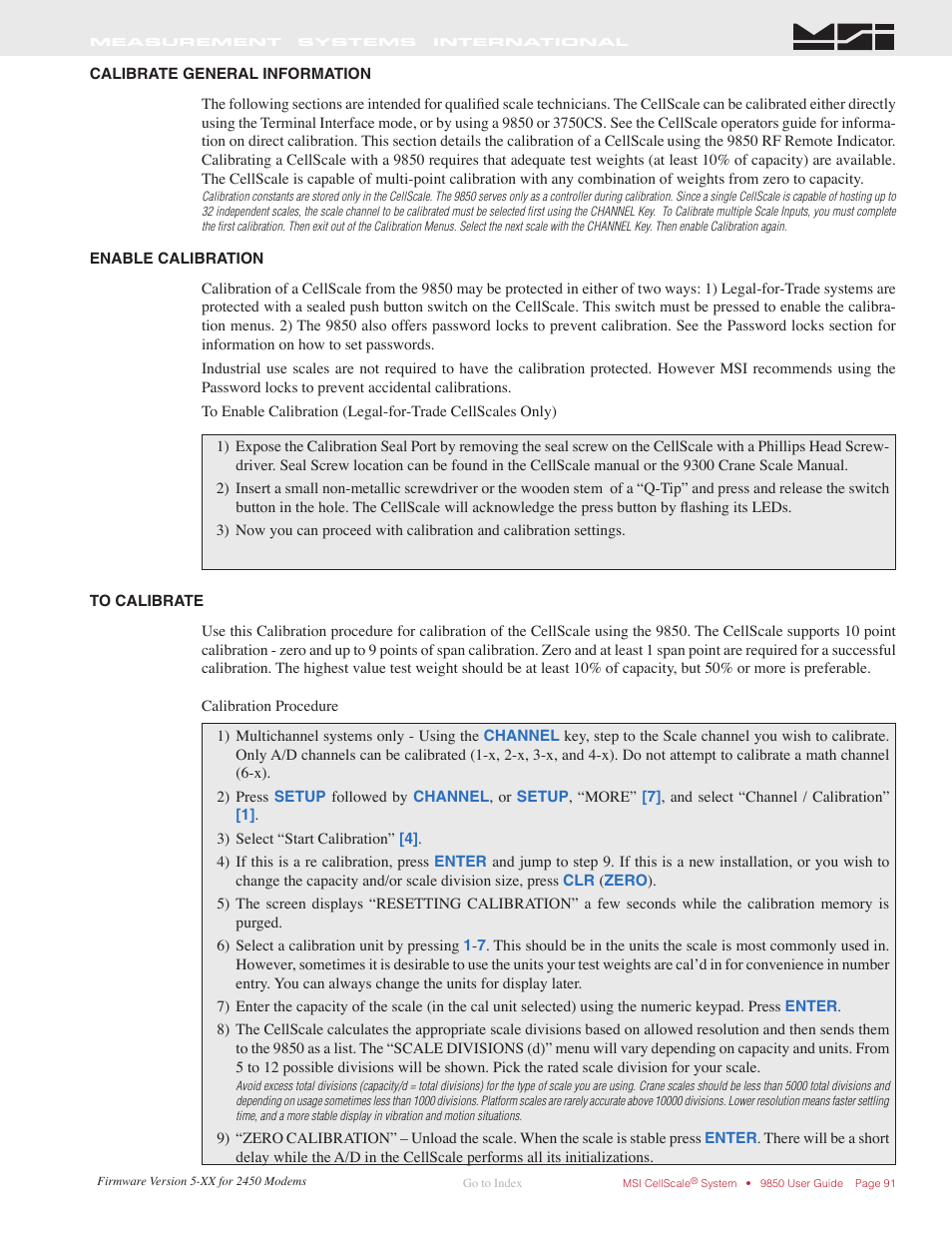 Calibrate general information, Enable calibration, To calibrate | Rice Lake MSI-9850 CellScale RF Digital Indicator - Operator Manual User Manual | Page 91 / 114